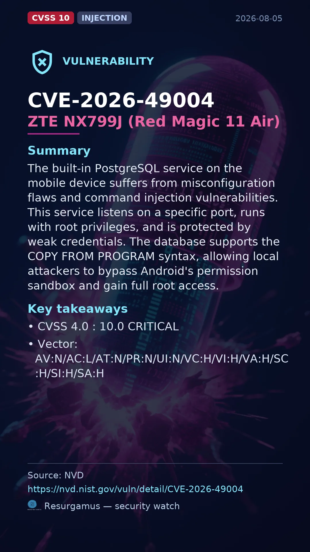 CVE-2026-49004 ZTE NX799J (Red Magic 11 Air) Vulnerability