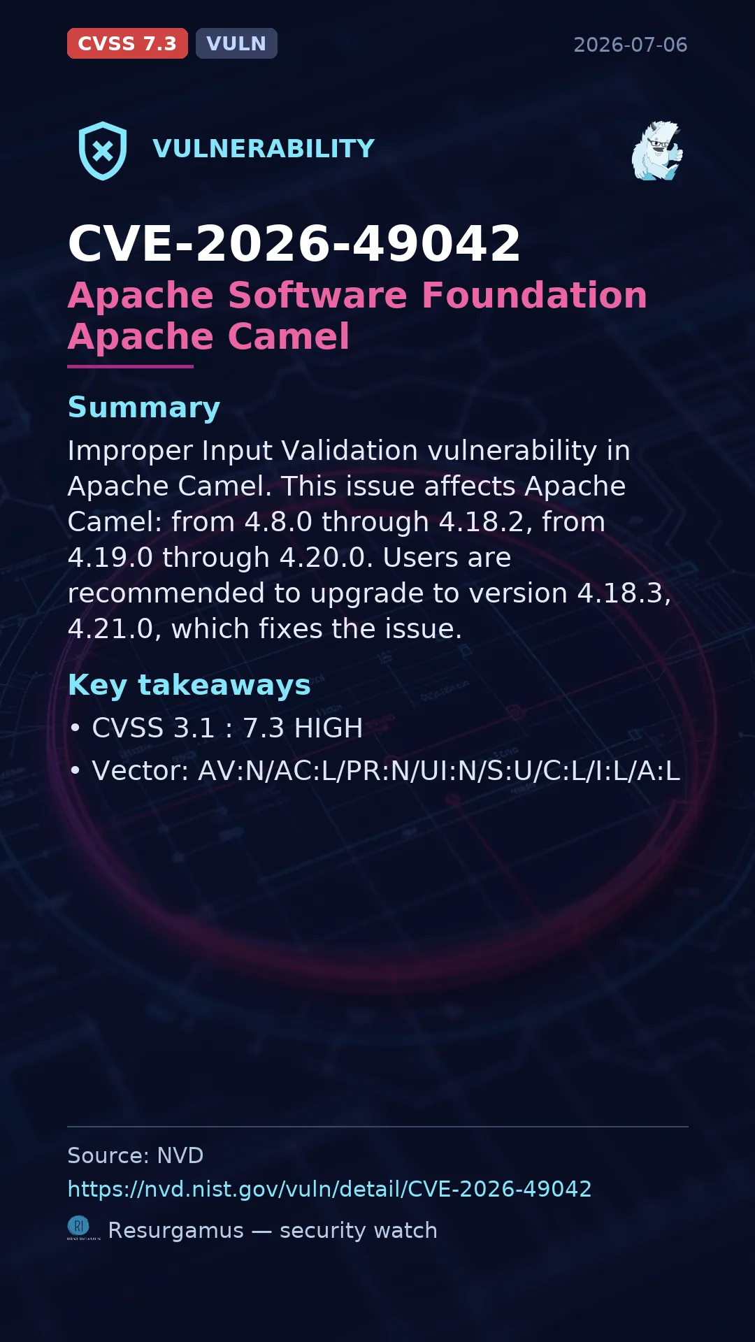 CVE-2026-49042 Apache Software Foundation Apache Camel Vulnerability