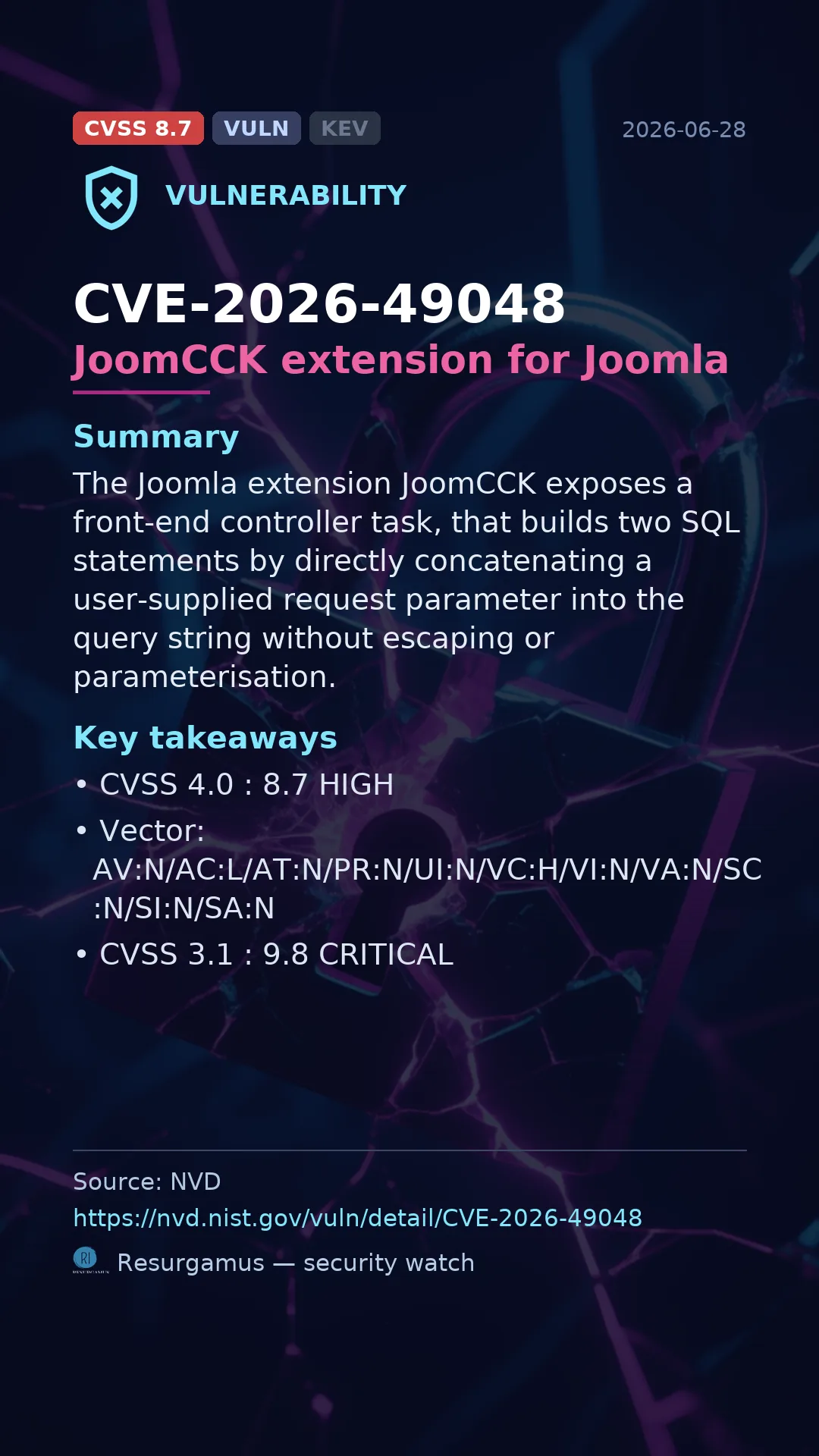 CVE-2026-49048 JoomCCK extension for Joomla Vulnerability