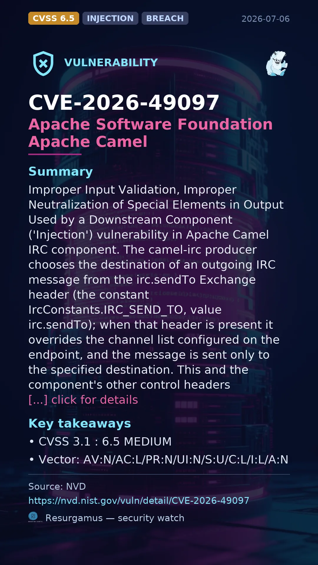 CVE-2026-49097 Apache Software Foundation Apache Camel Vulnerability