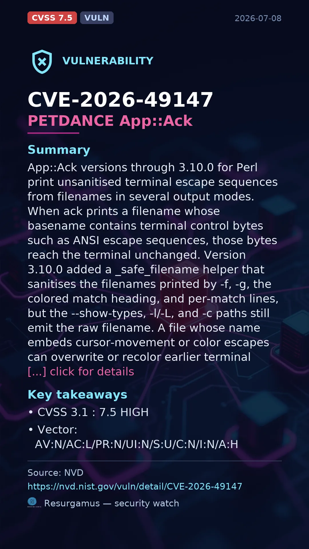 CVE-2026-49147 PETDANCE App::Ack Vulnerability