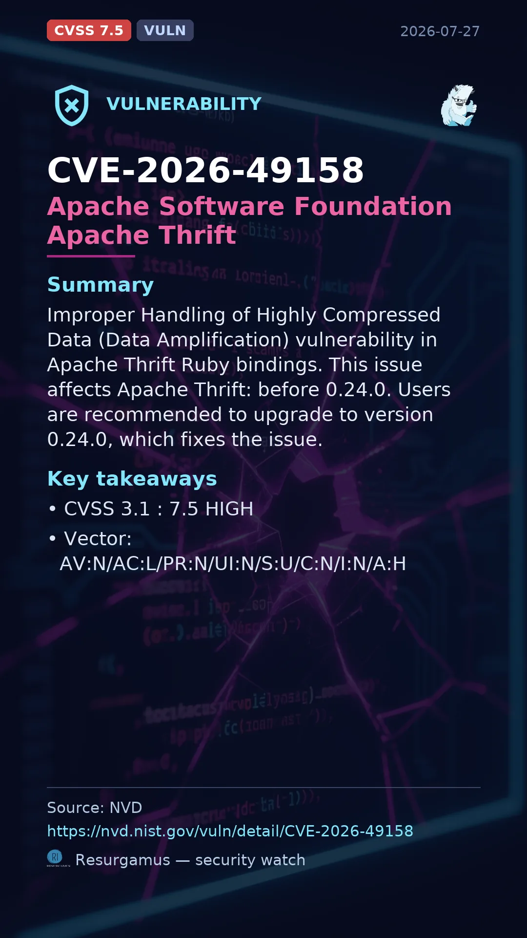 CVE-2026-49158 - Apache Software Foundation Apache Thrift vulnerability