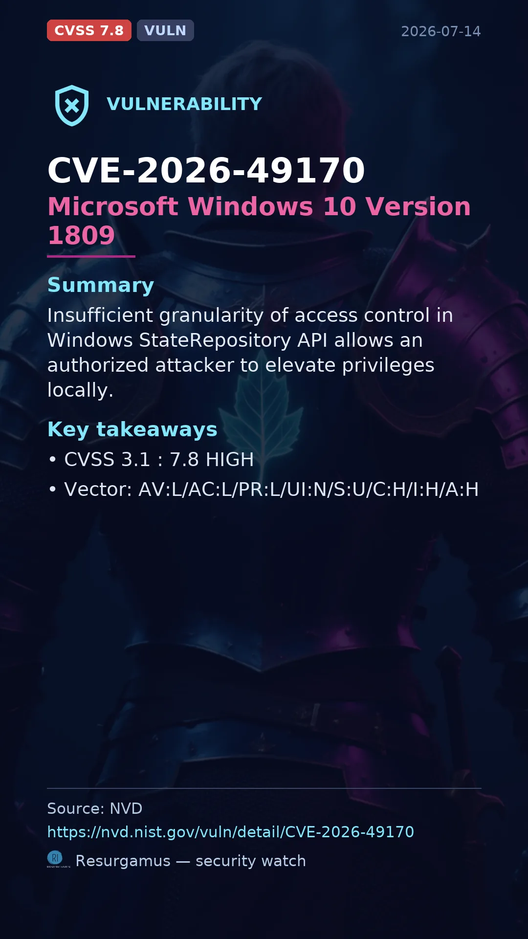 CVE-2026-49170 Microsoft Windows 10 Version 1809 Vulnerability