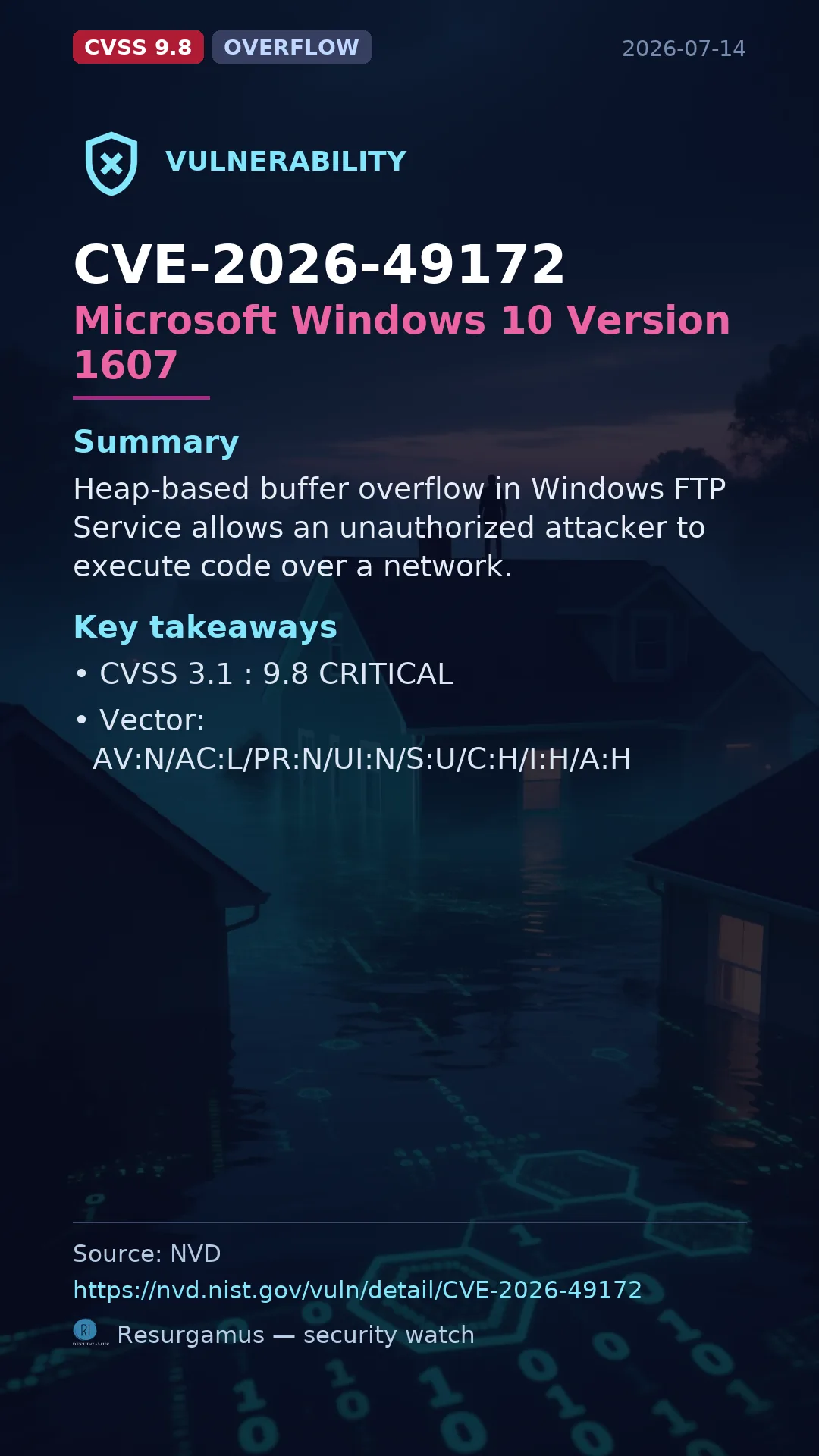 CVE-2026-49172 Microsoft Windows 10 Version 1607 Vulnerability