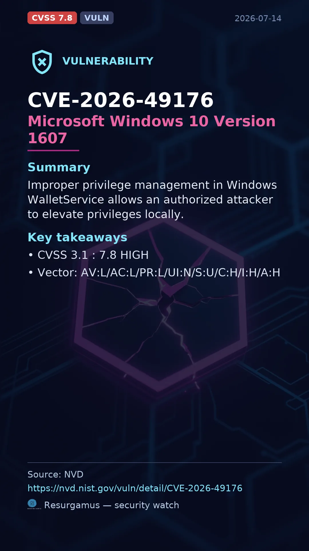 CVE-2026-49176 Microsoft Windows 10 Version 1607 Vulnerability