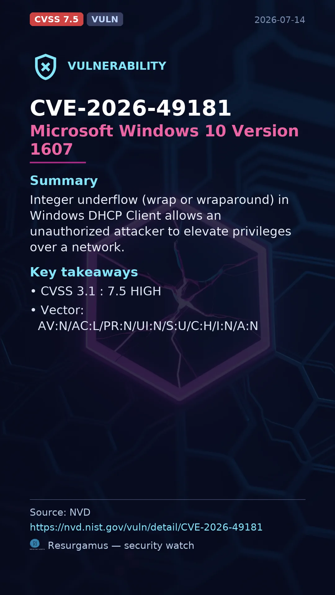 CVE-2026-49181 Microsoft Windows 10 Version 1607 Vulnerability