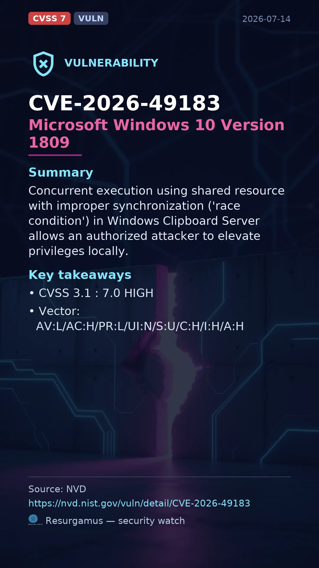 CVE-2026-49183 Microsoft Windows 10 Version 1809 Vulnerability
