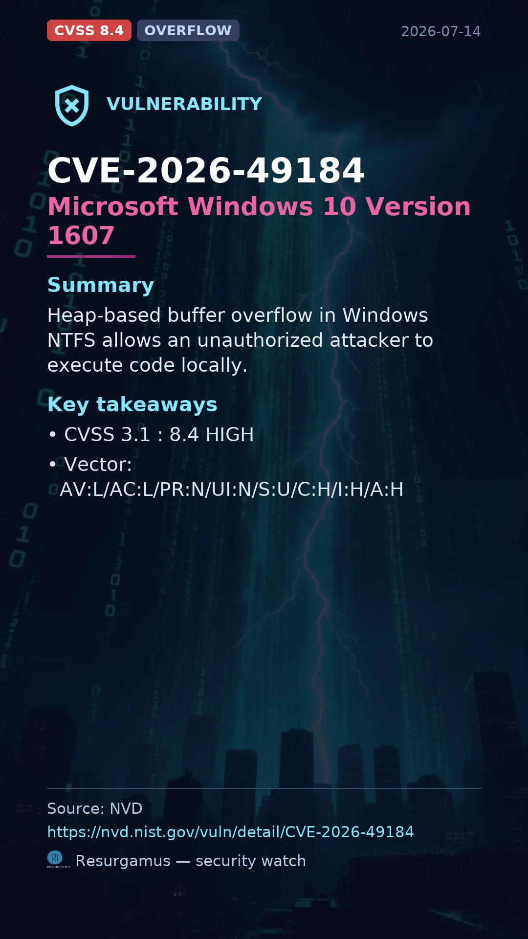 CVE-2026-49184 Microsoft Windows 10 Version 1607 Vulnerability