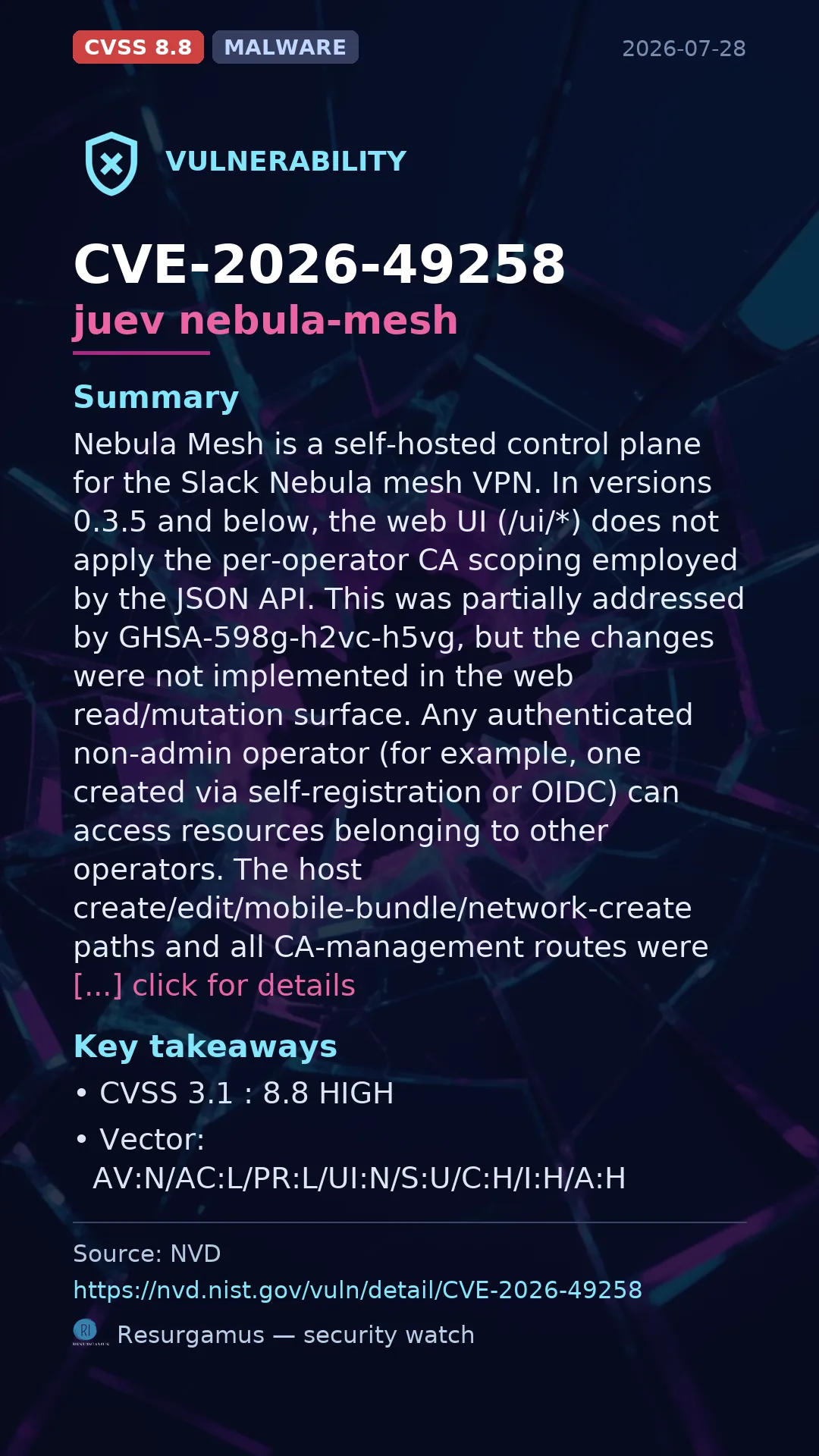 CVE-2026-49258 juev nebula-mesh Vulnerability