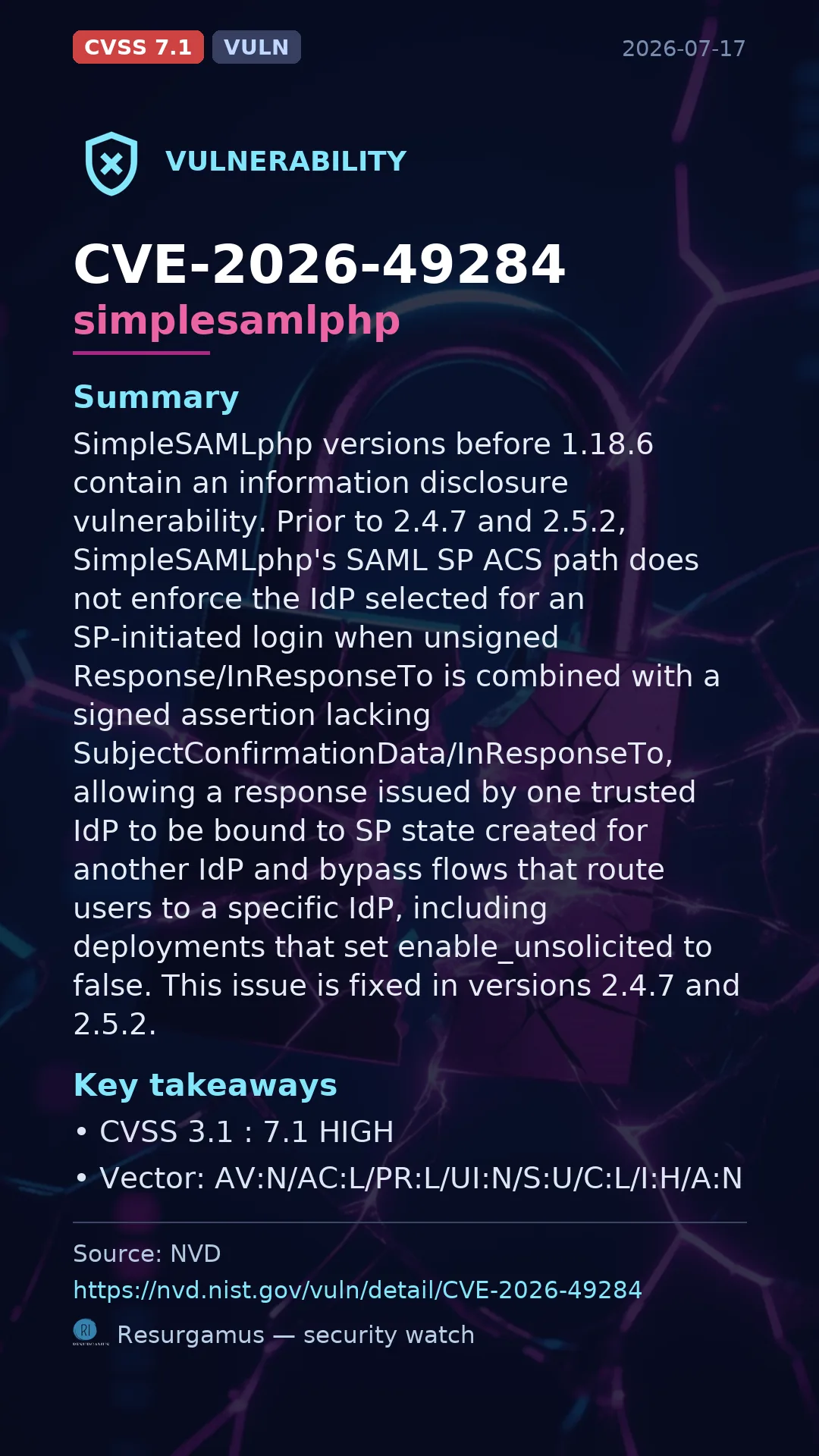 CVE-2026-49284 simplesamlphp Vulnerability