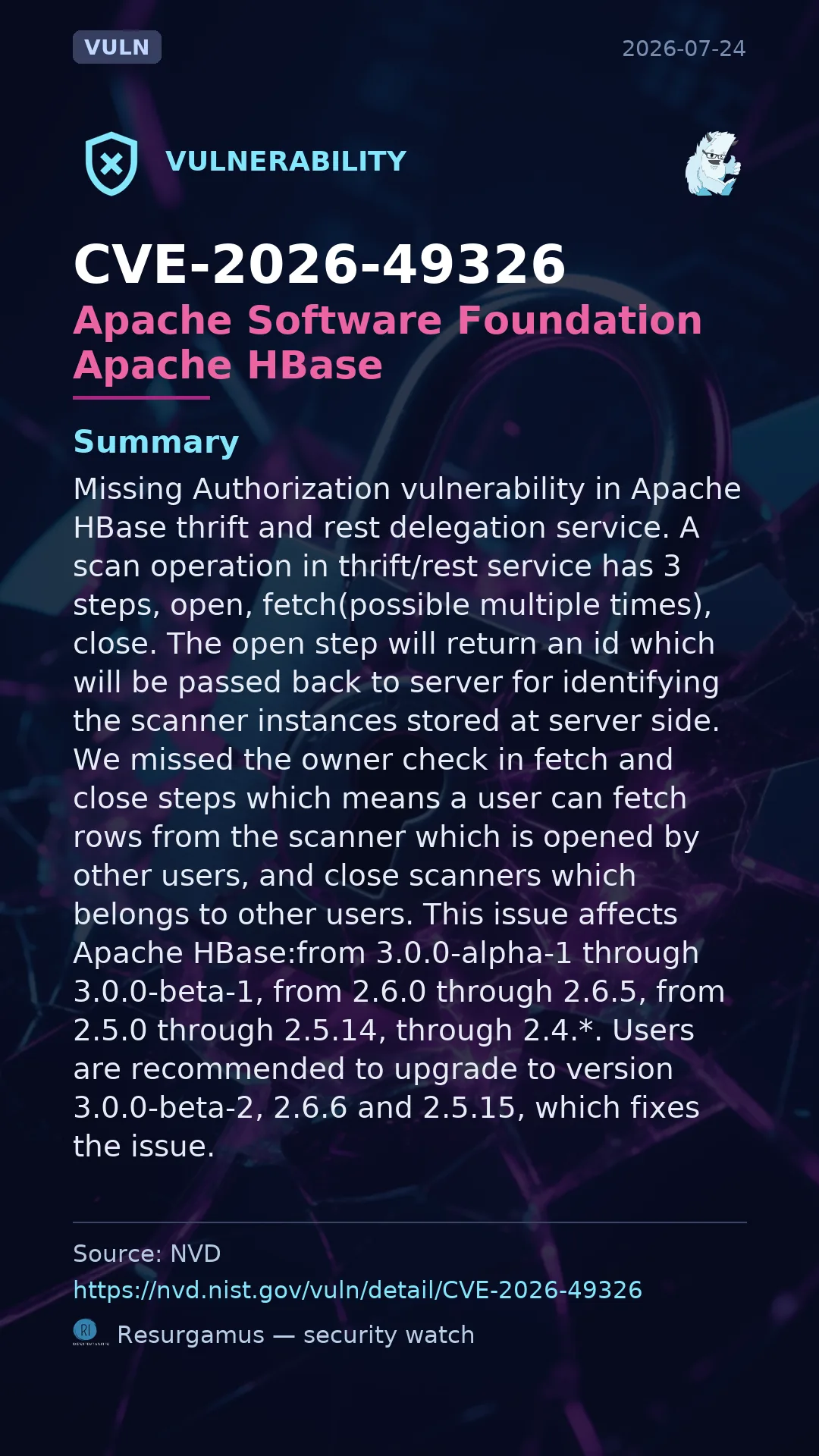 CVE-2026-49326 - Apache Software Foundation Apache HBase vulnerability
