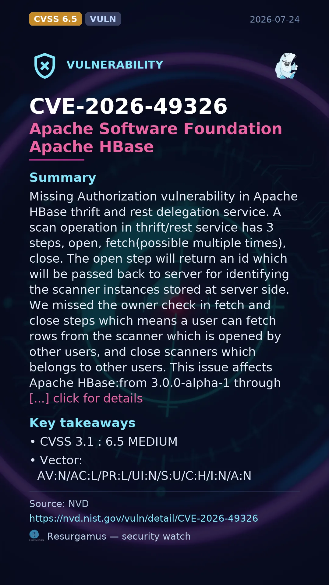 CVE-2026-49326 - Apache Software Foundation Apache HBase vulnerability