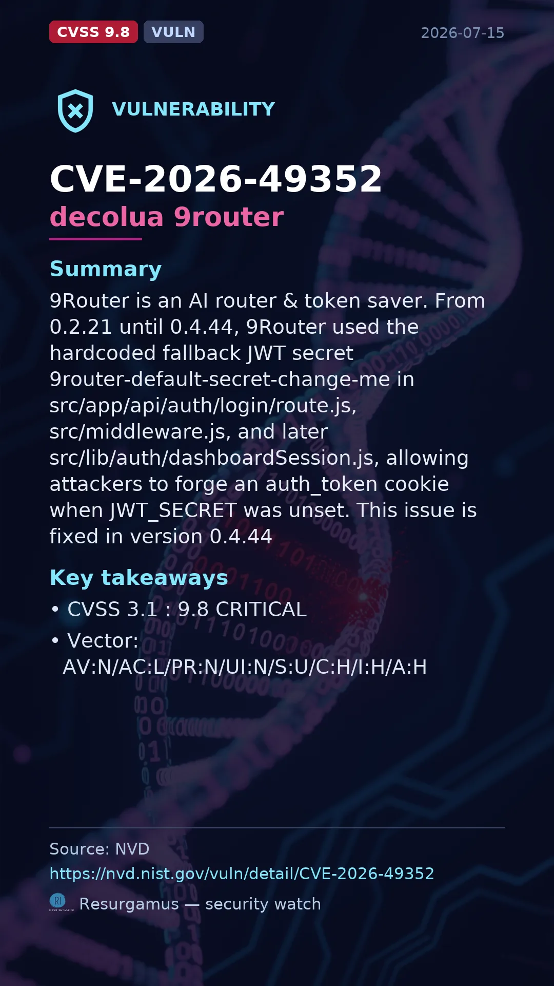 CVE-2026-49352 decolua 9router Vulnerability