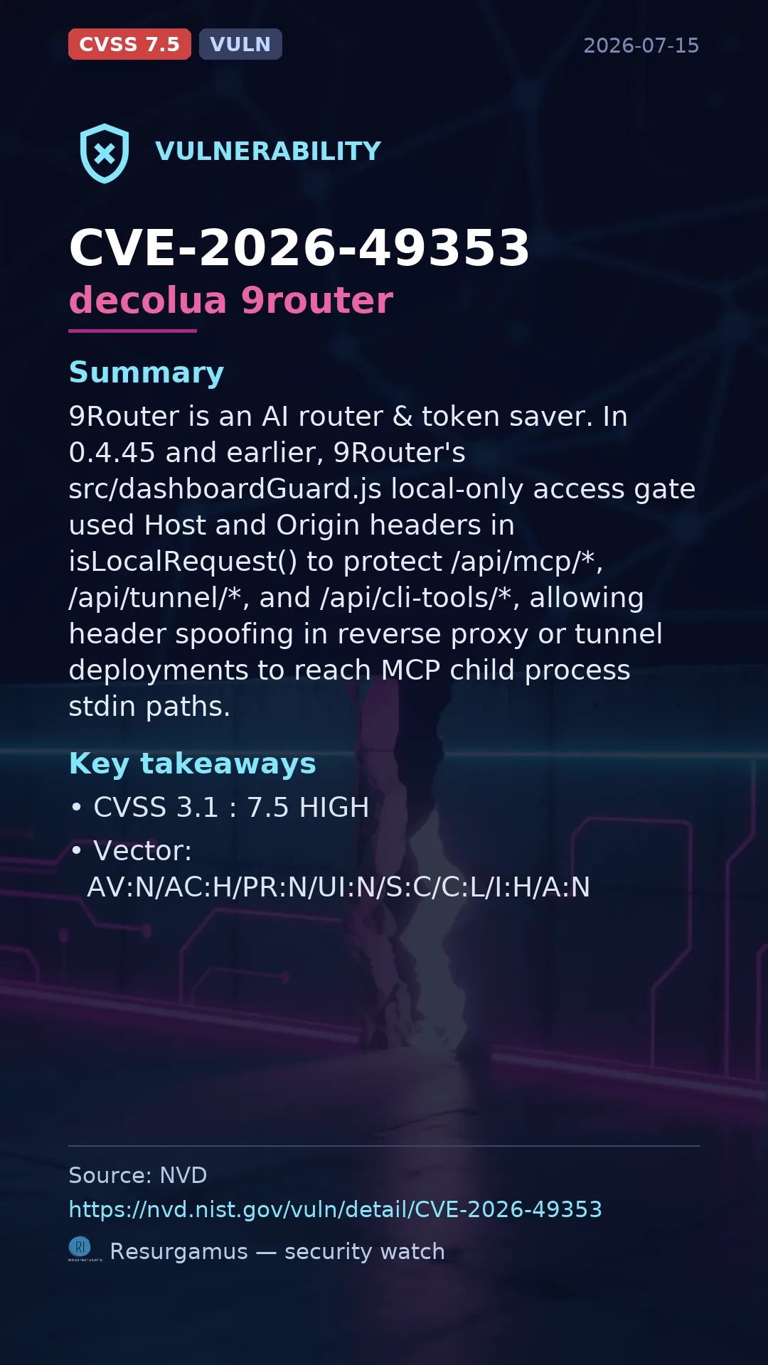 CVE-2026-49353 decolua 9router Vulnerability