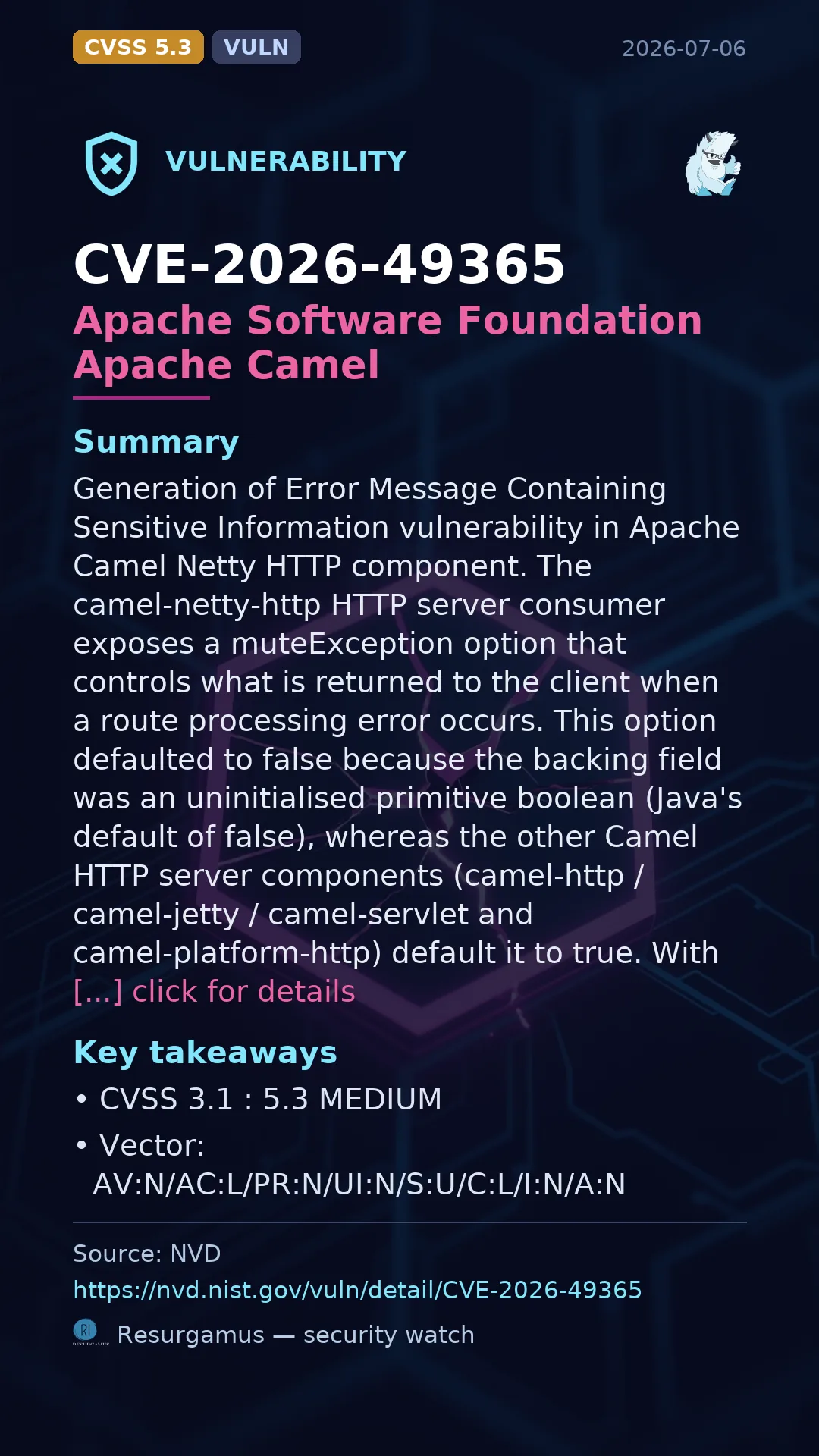 CVE-2026-49365 Apache Software Foundation Apache Camel Vulnerability