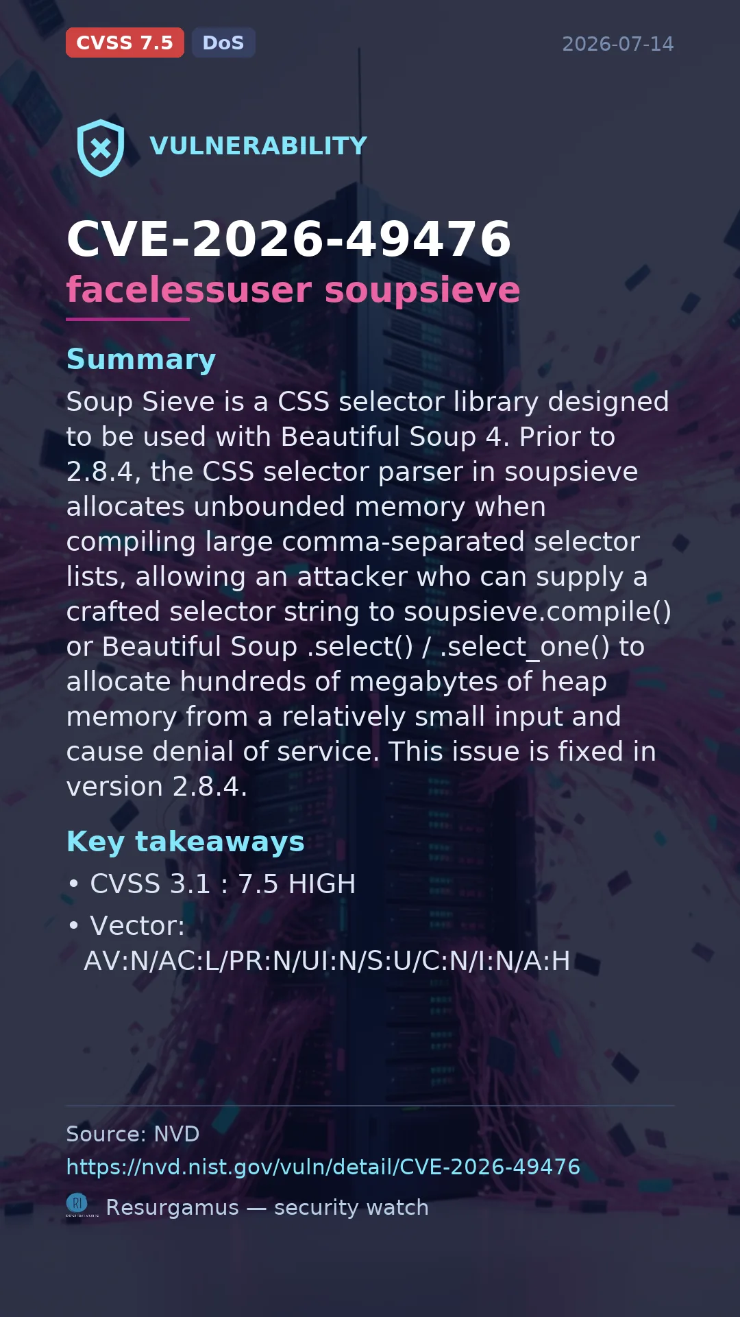 CVE-2026-49476 facelessuser soupsieve Vulnerability