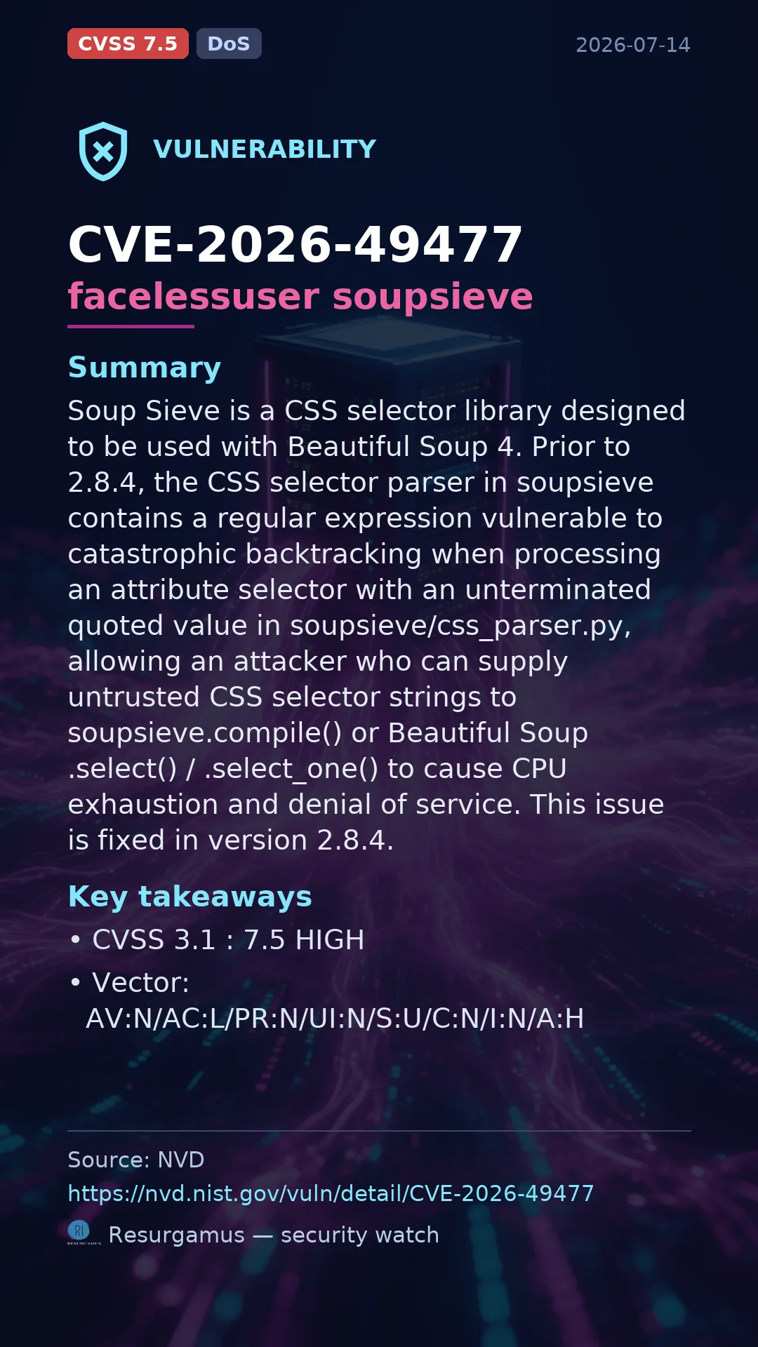 CVE-2026-49477 facelessuser soupsieve Vulnerability
