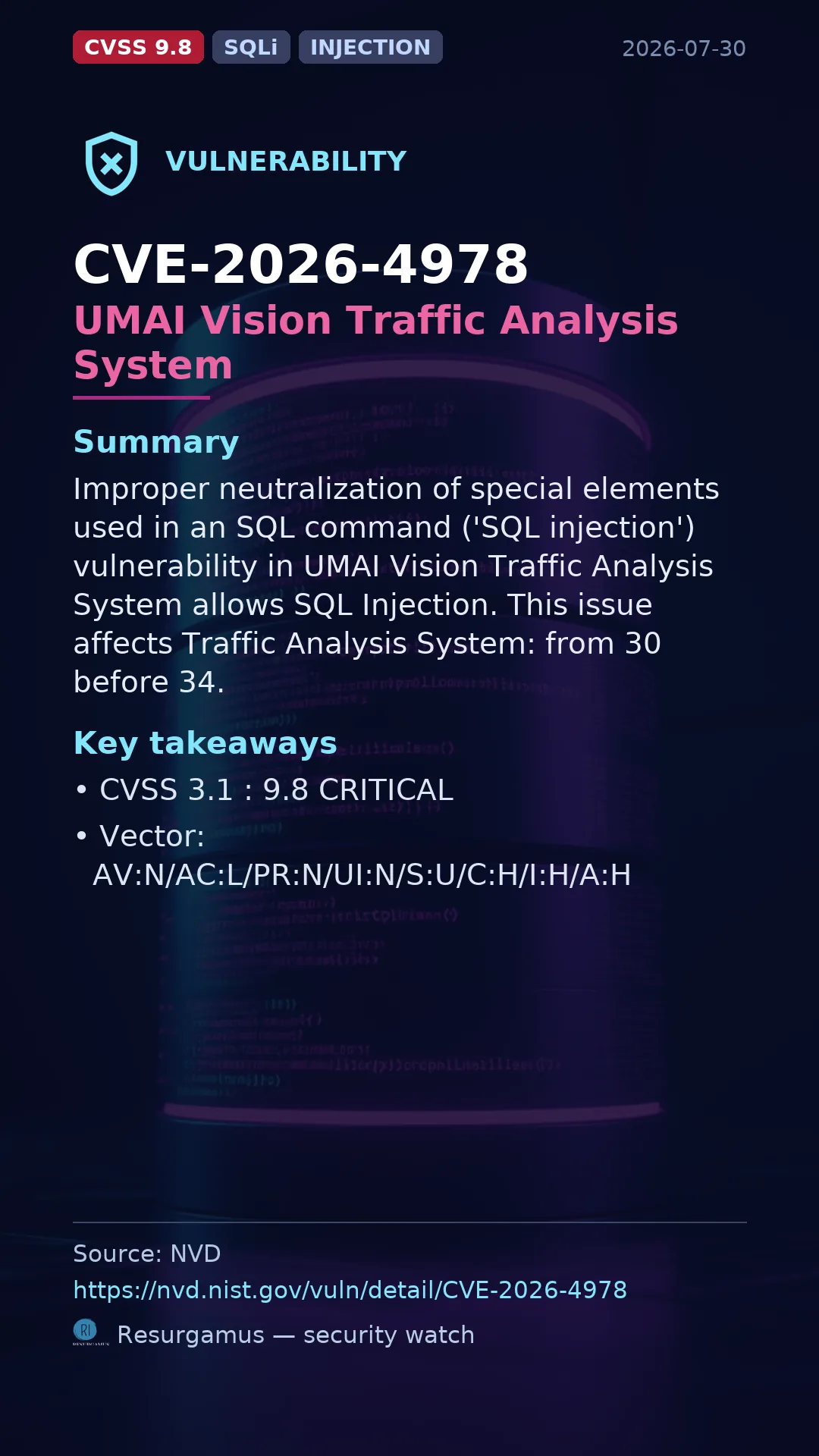 CVE-2026-4978 UMAI Vision Traffic Analysis System Vulnerability
