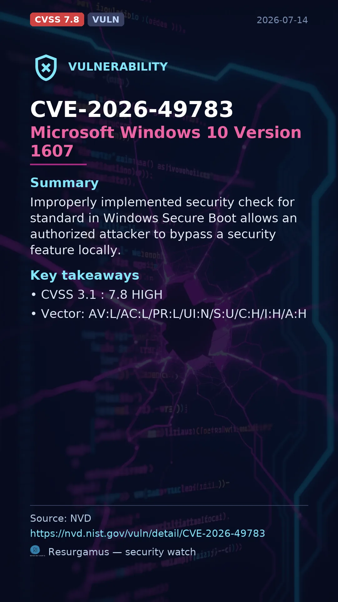 CVE-2026-49783 Microsoft Windows 10 Version 1607 Vulnerability