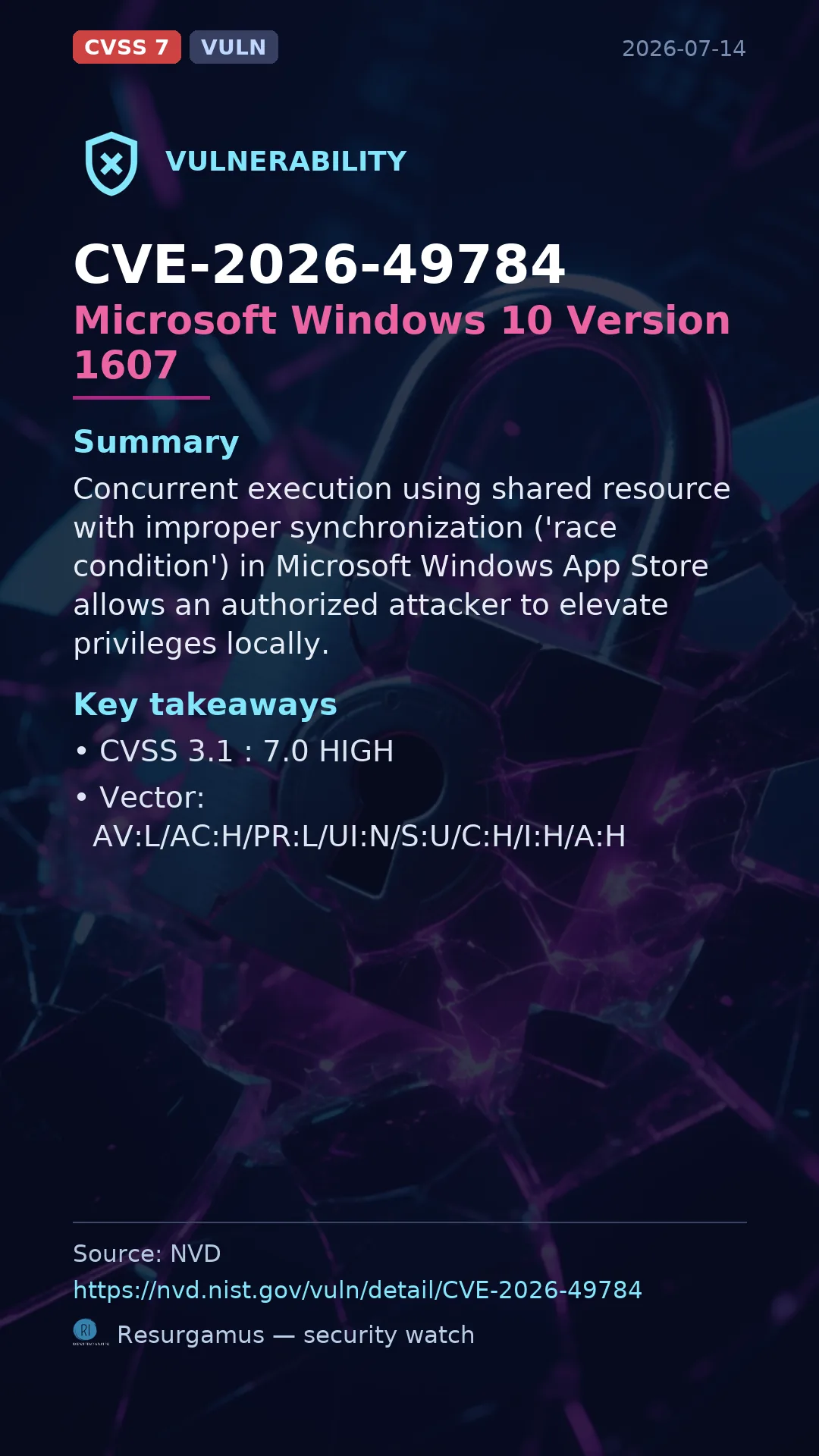 CVE-2026-49784 Microsoft Windows 10 Version 1607 Vulnerability