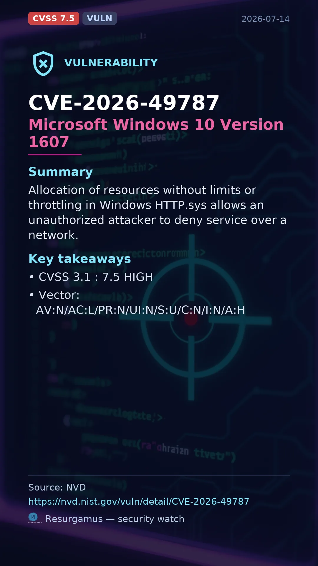 CVE-2026-49787 Microsoft Windows 10 Version 1607 Vulnerability