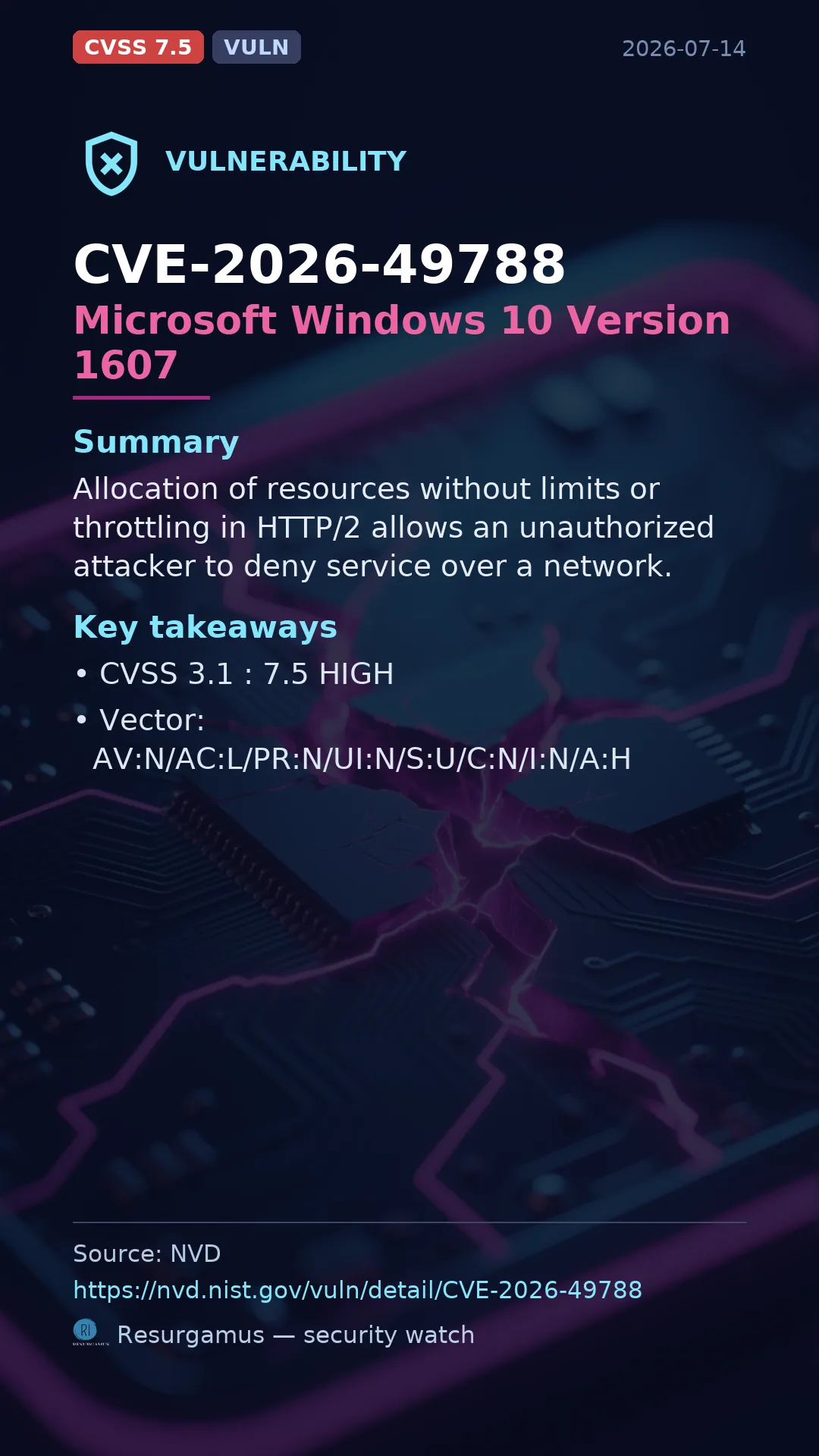 CVE-2026-49788 Microsoft Windows 10 Version 1607 Vulnerability