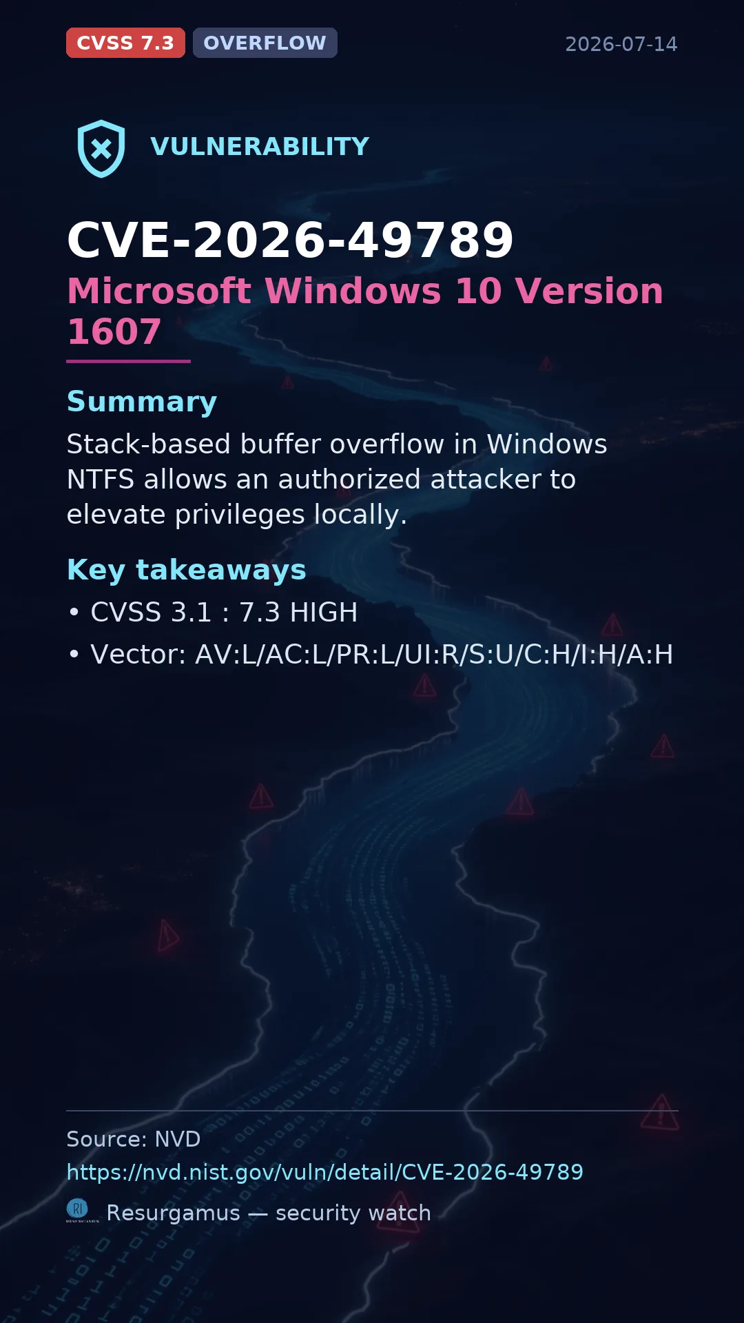 CVE-2026-49789 Microsoft Windows 10 Version 1607 Vulnerability