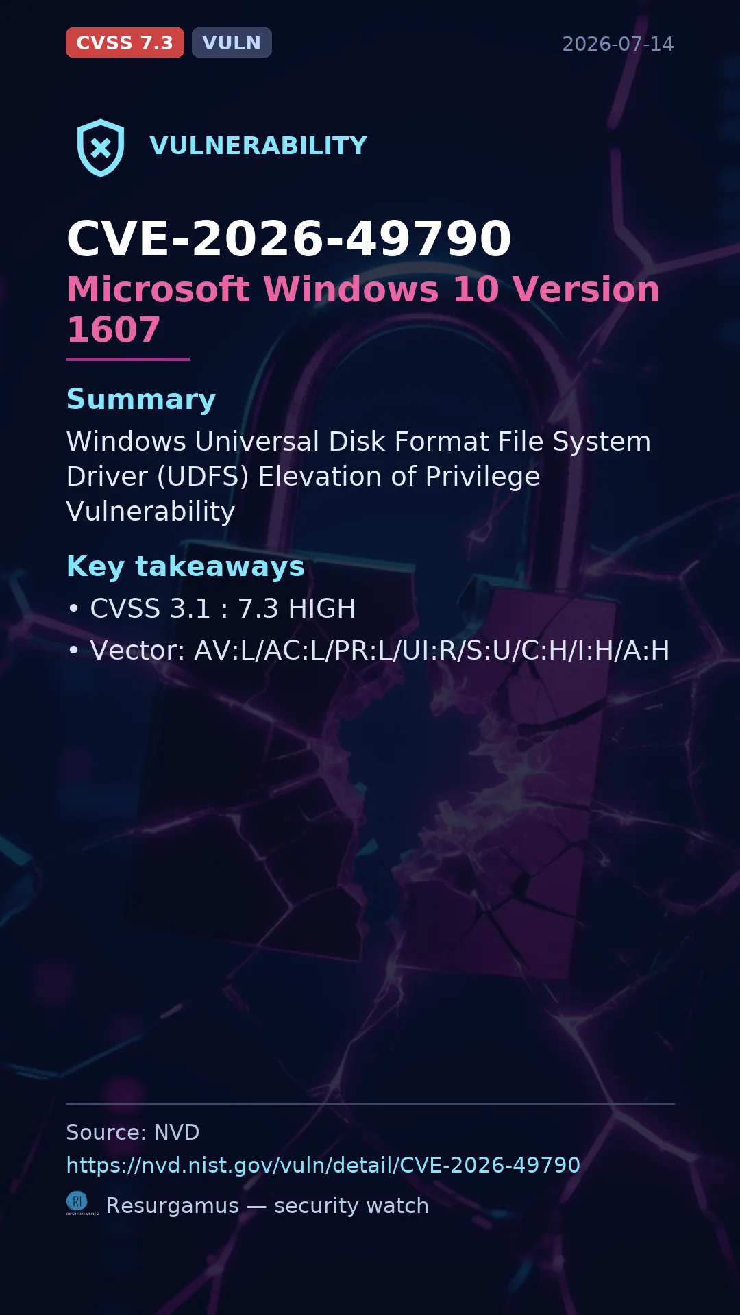 CVE-2026-49790 Microsoft Windows 10 Version 1607 Vulnerability