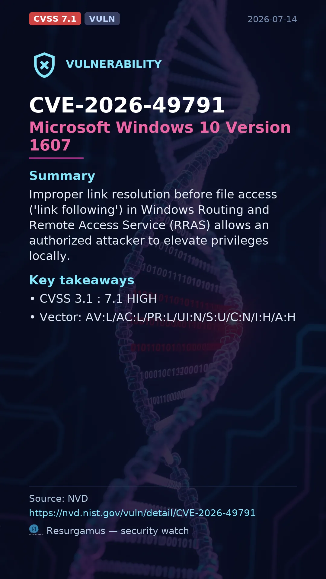 CVE-2026-49791 Microsoft Windows 10 Version 1607 Vulnerability