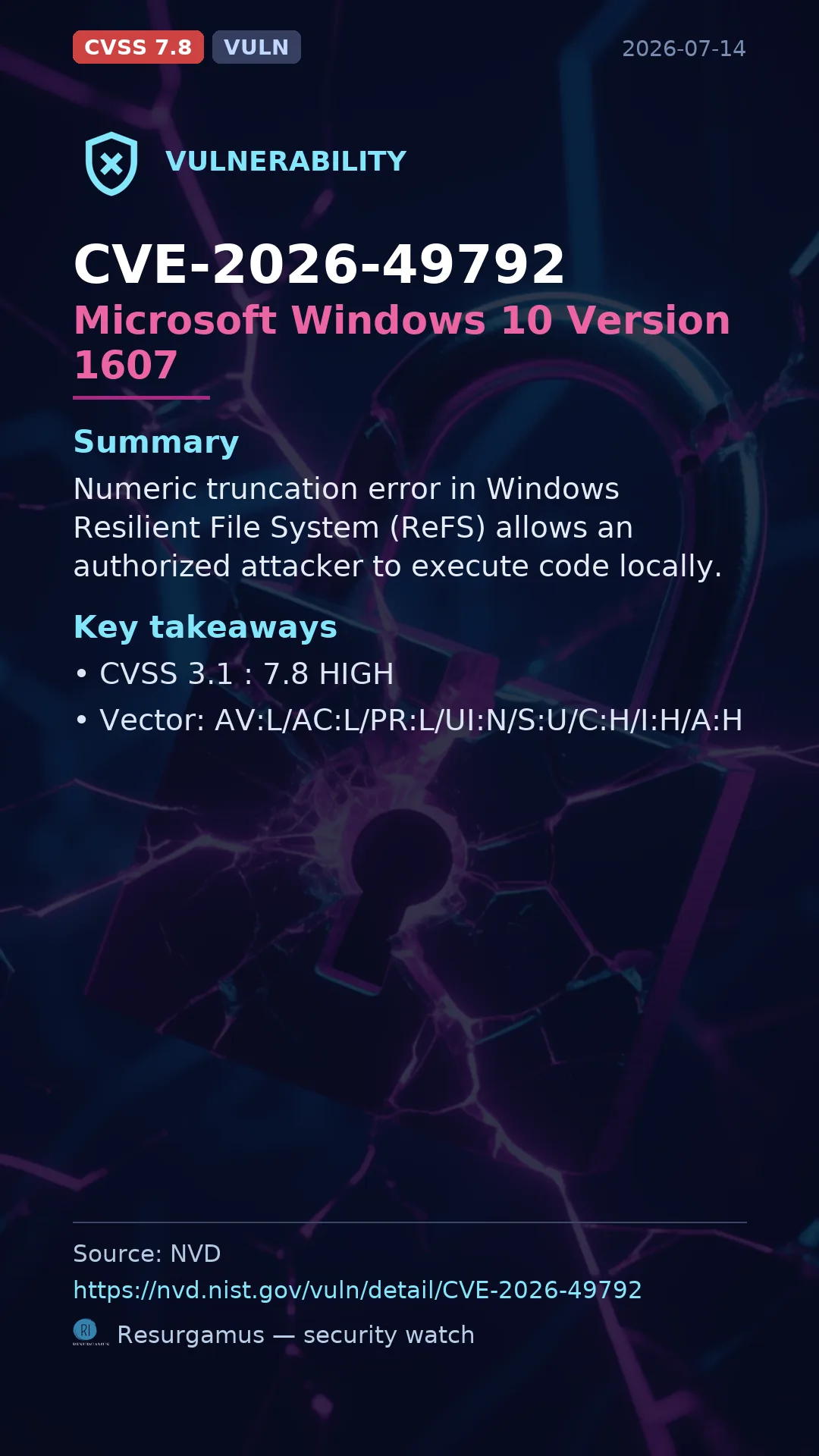 CVE-2026-49792 Microsoft Windows 10 Version 1607 Vulnerability