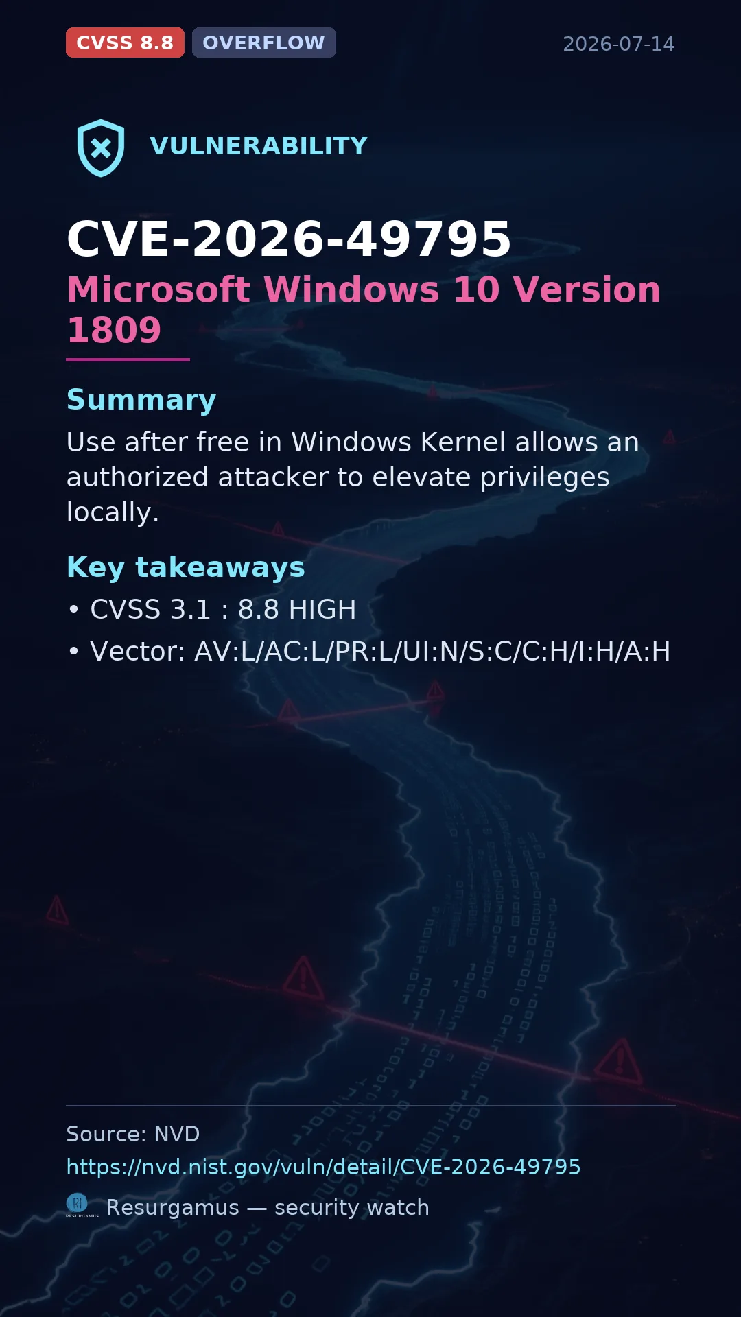 CVE-2026-49795 Microsoft Windows 10 Version 1809 Vulnerability