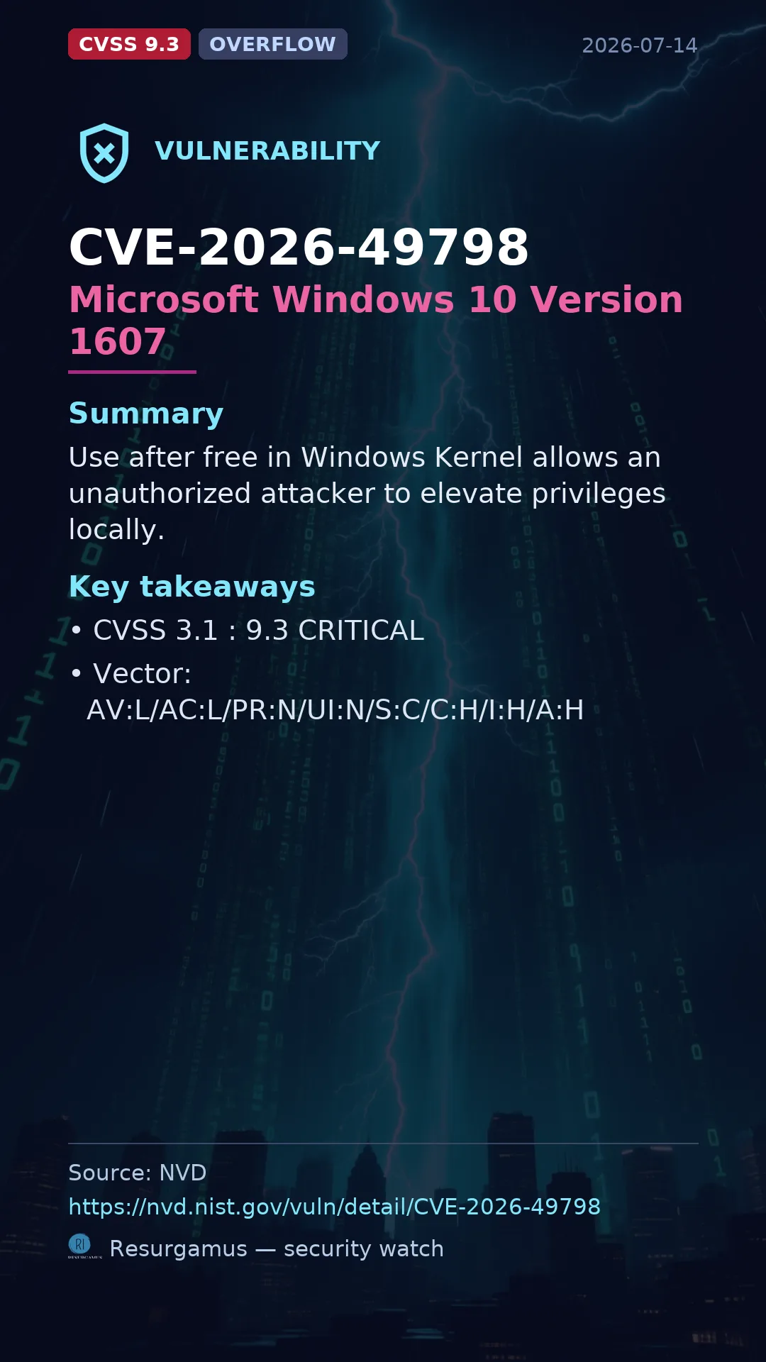 CVE-2026-49798 Microsoft Windows 10 Version 1607 Vulnerability