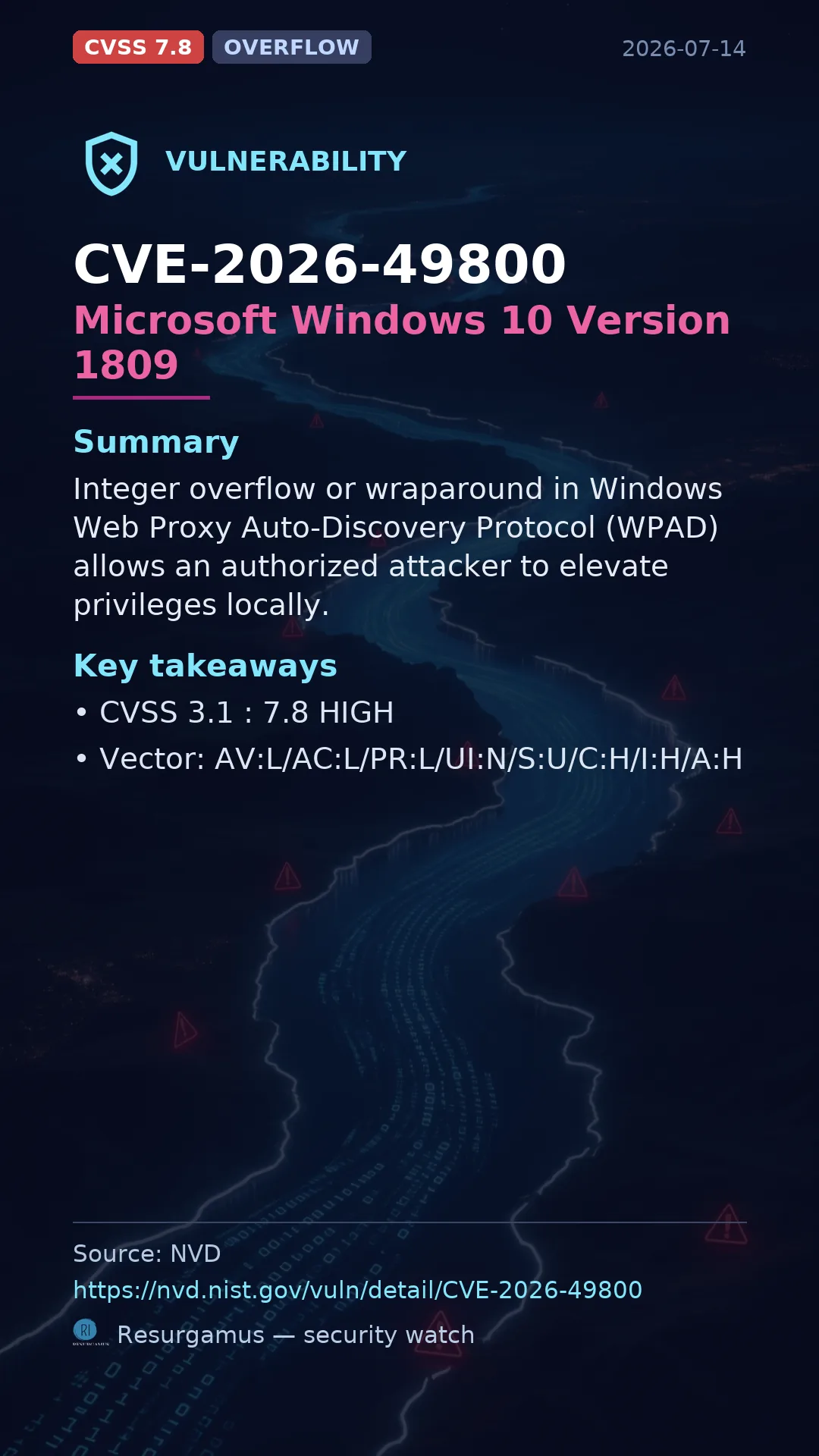 CVE-2026-49800 Microsoft Windows 10 Version 1809 Vulnerability