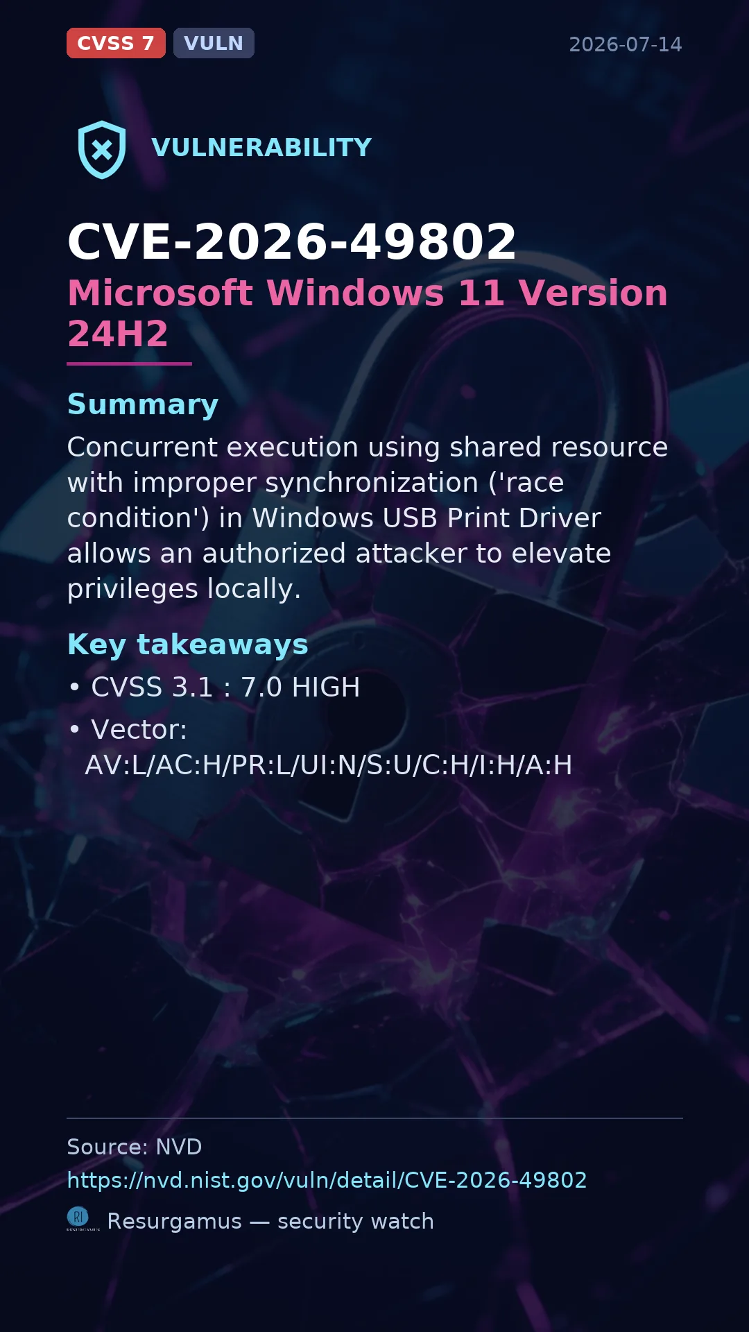 CVE-2026-49802 Microsoft Windows 11 Version 24H2 Vulnerability