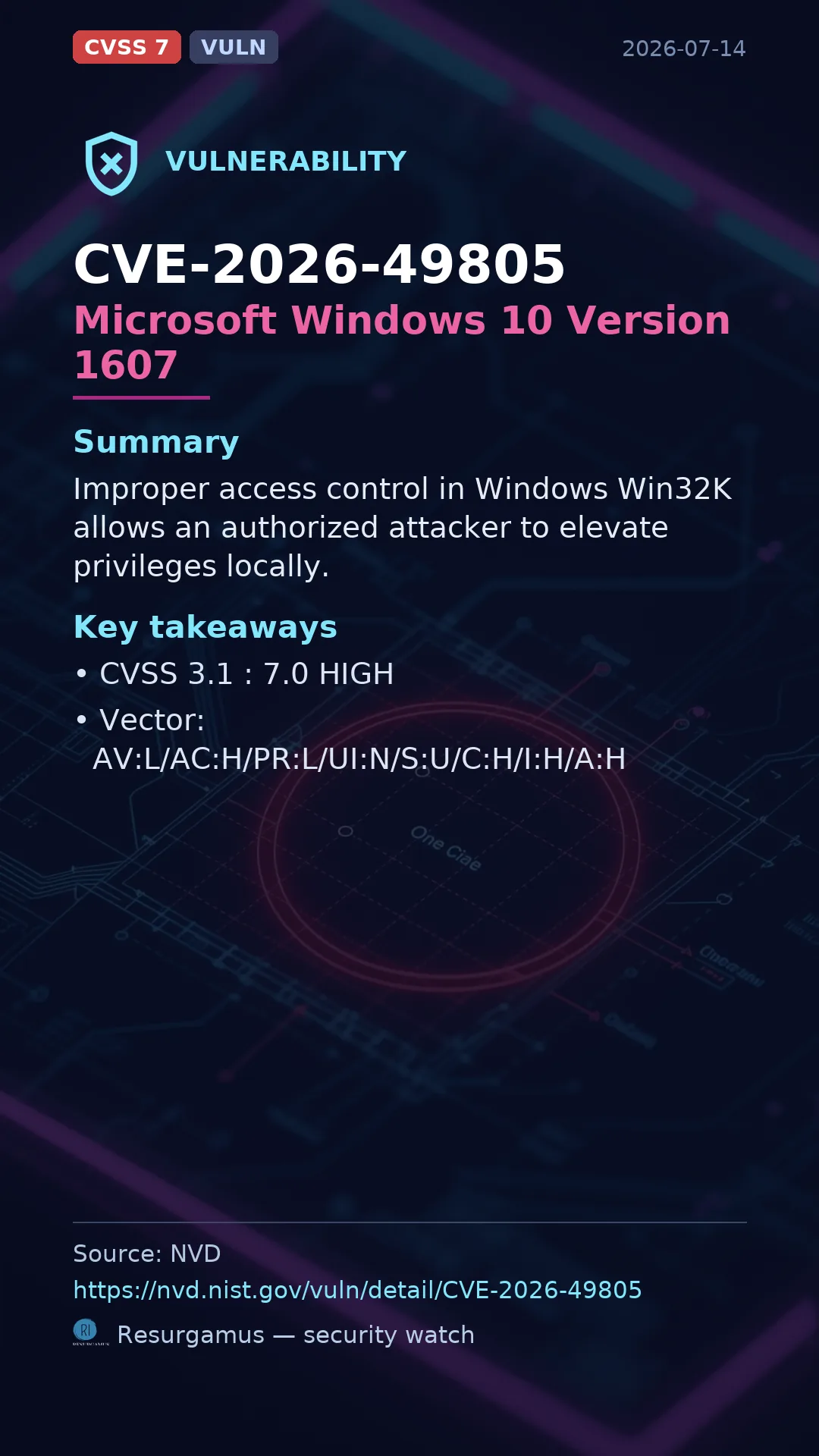 CVE-2026-49805 Microsoft Windows 10 Version 1607 Vulnerability