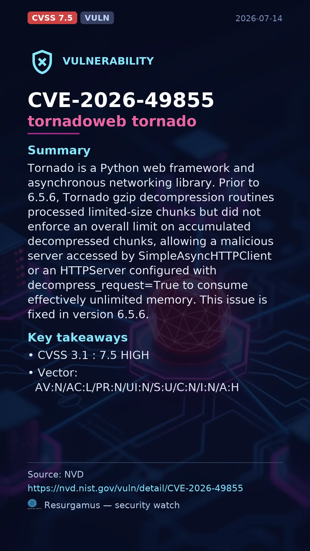 CVE-2026-49855 tornadoweb tornado Vulnerability