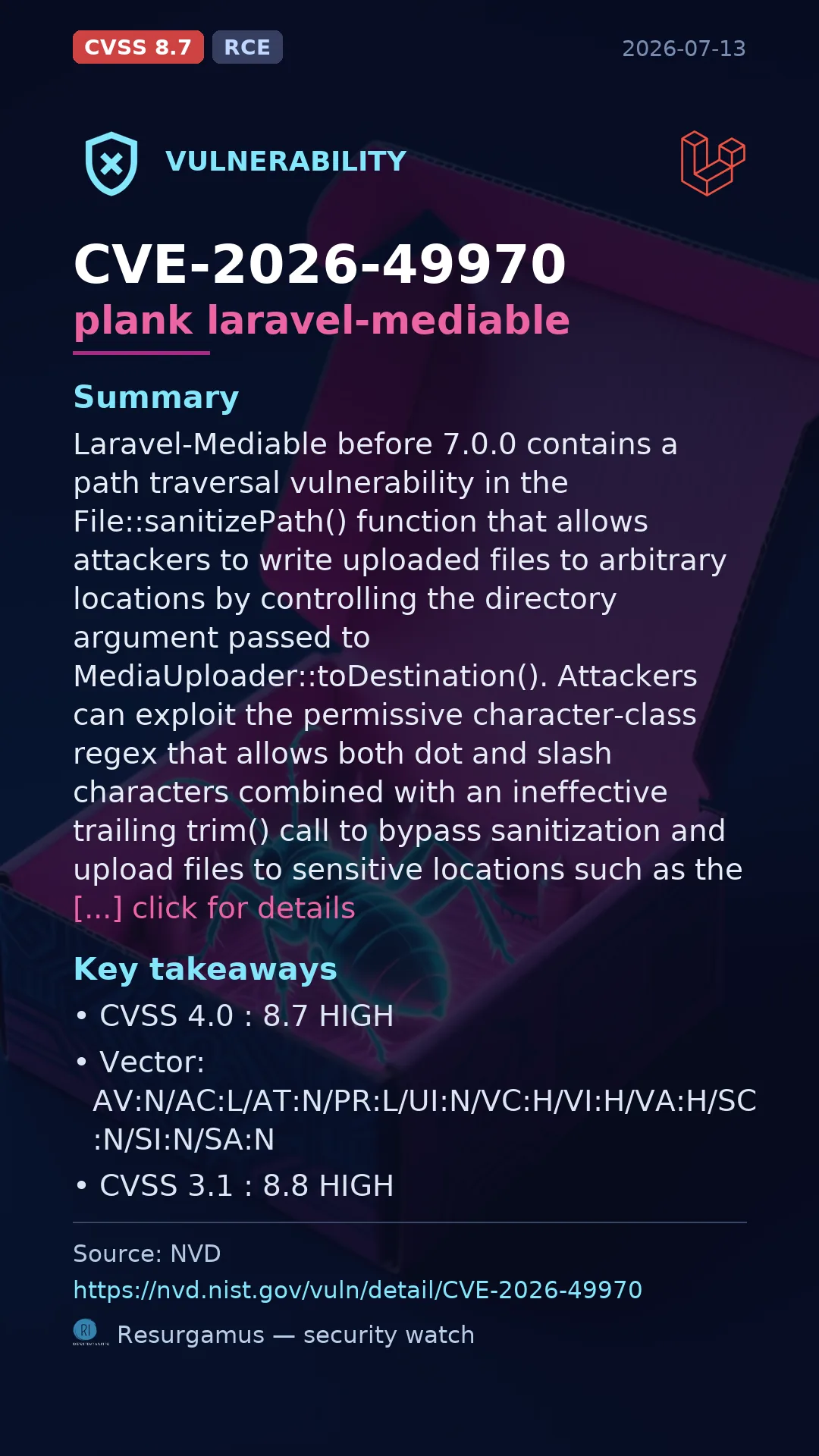CVE-2026-49970 plank laravel-mediable Vulnerability