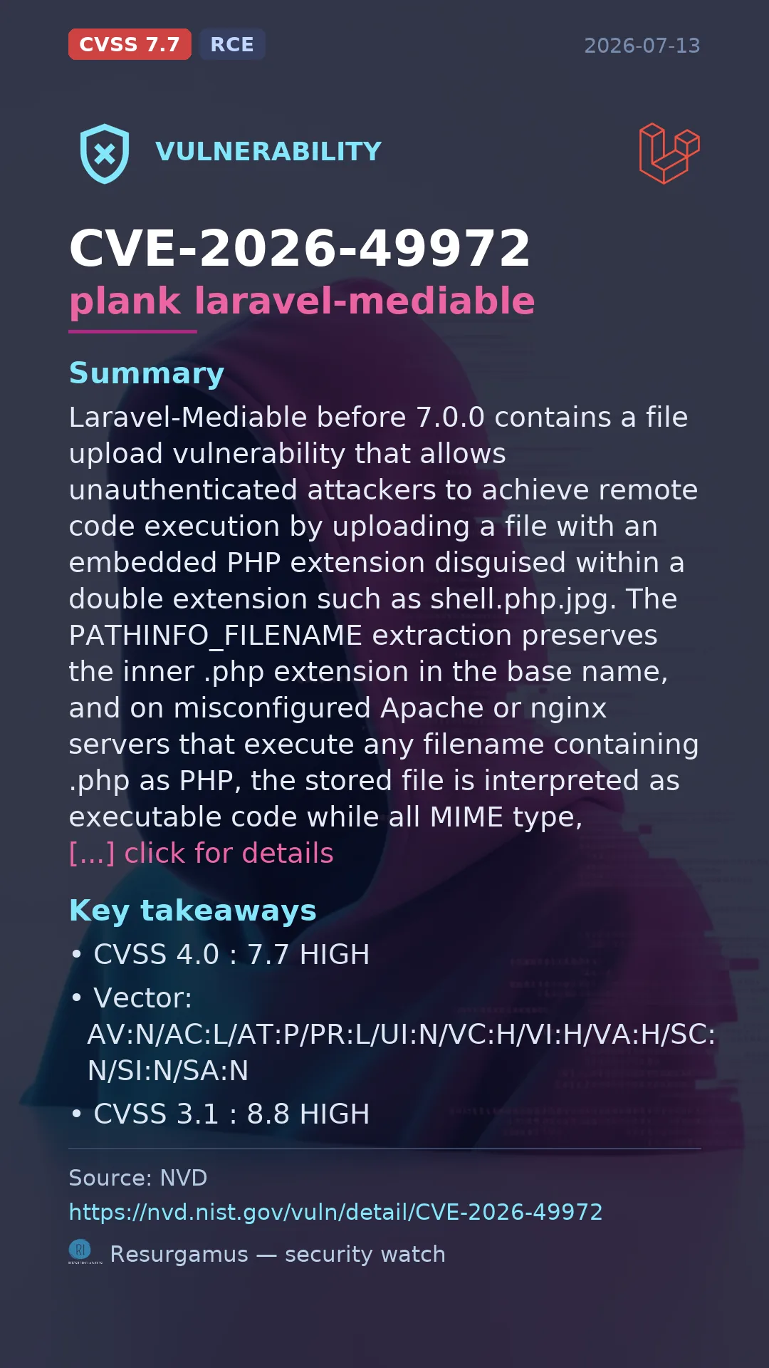 CVE-2026-49972 plank laravel-mediable Vulnerability