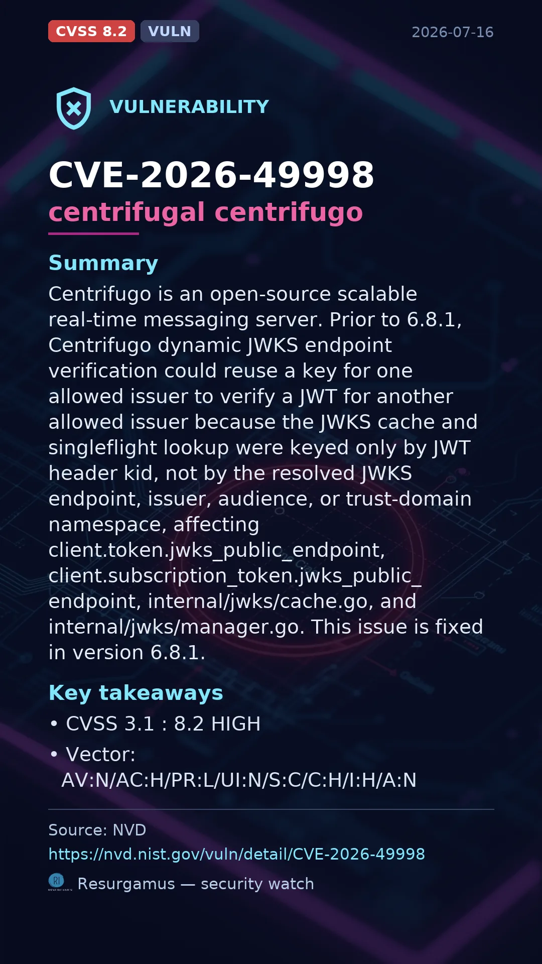CVE-2026-49998 centrifugal centrifugo Vulnerability