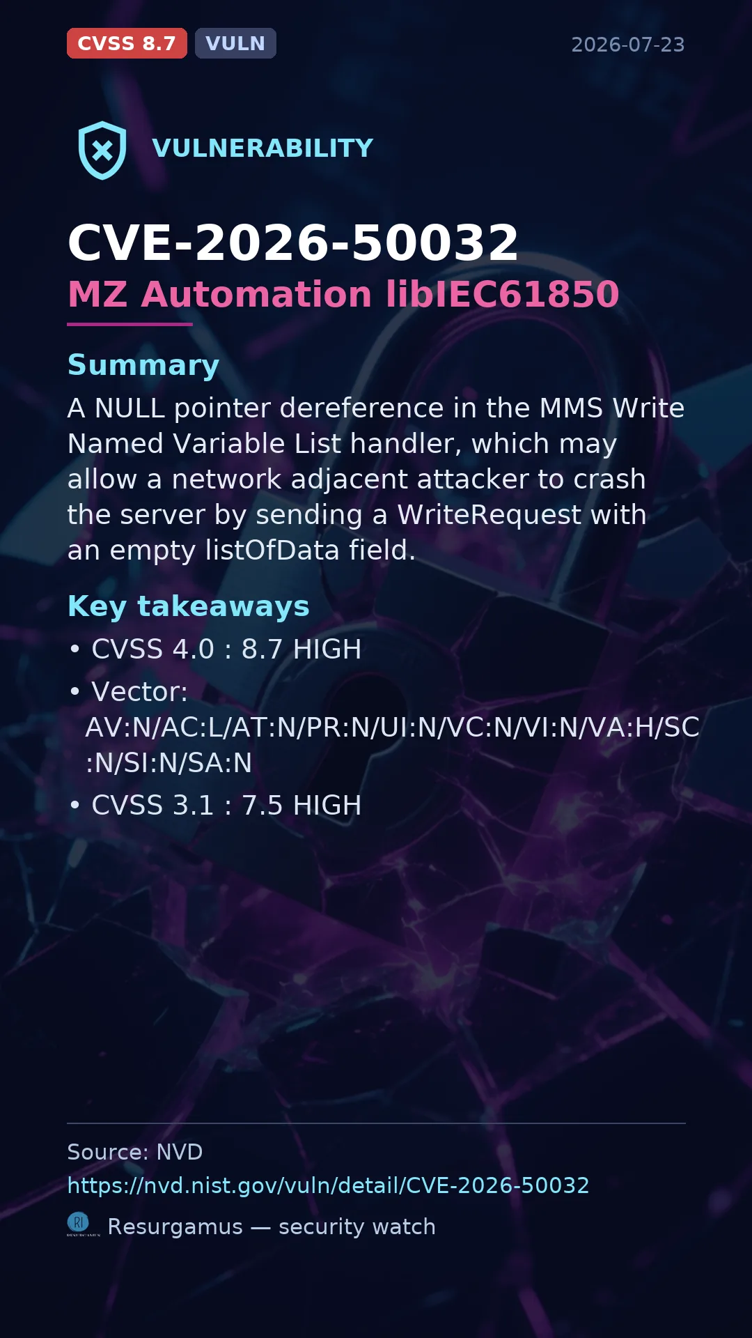 CVE-2026-50032 MZ Automation libIEC61850 Vulnerability