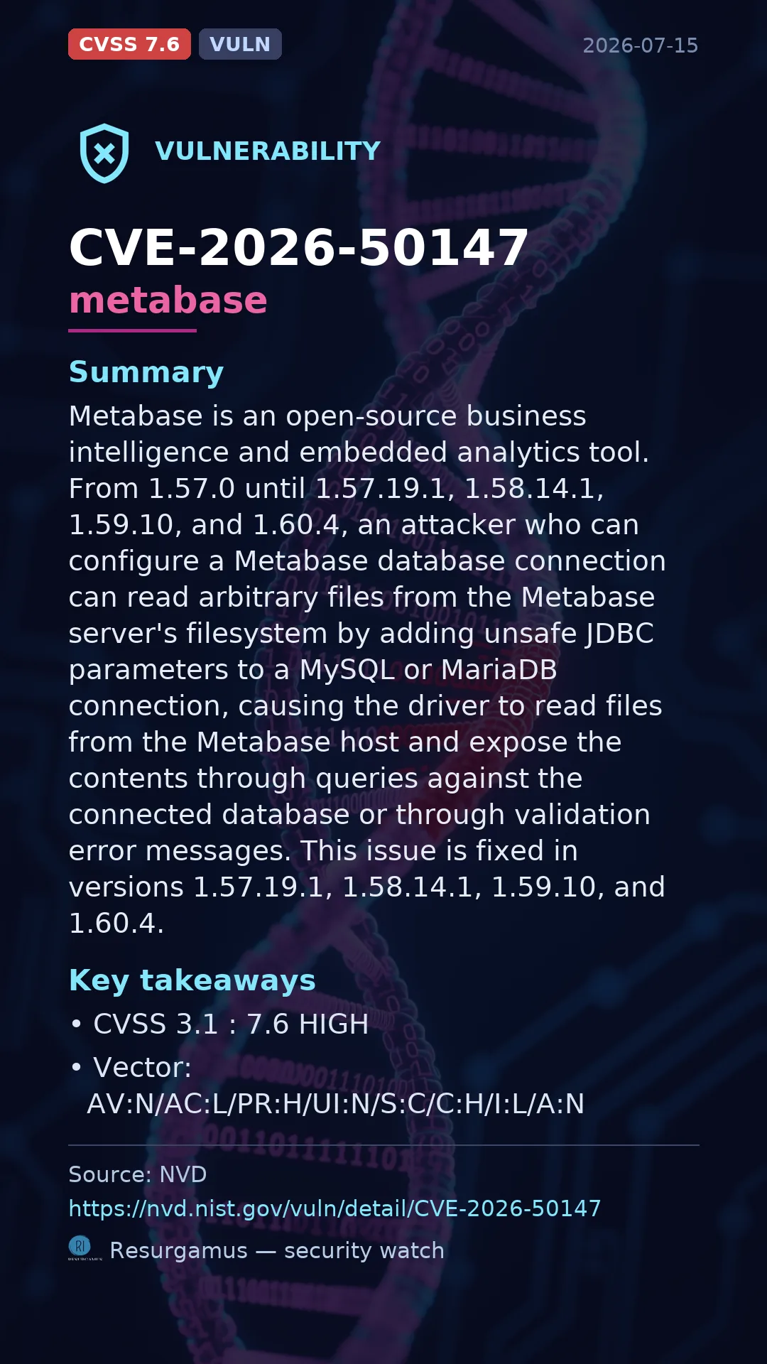 CVE-2026-50147 metabase Vulnerability