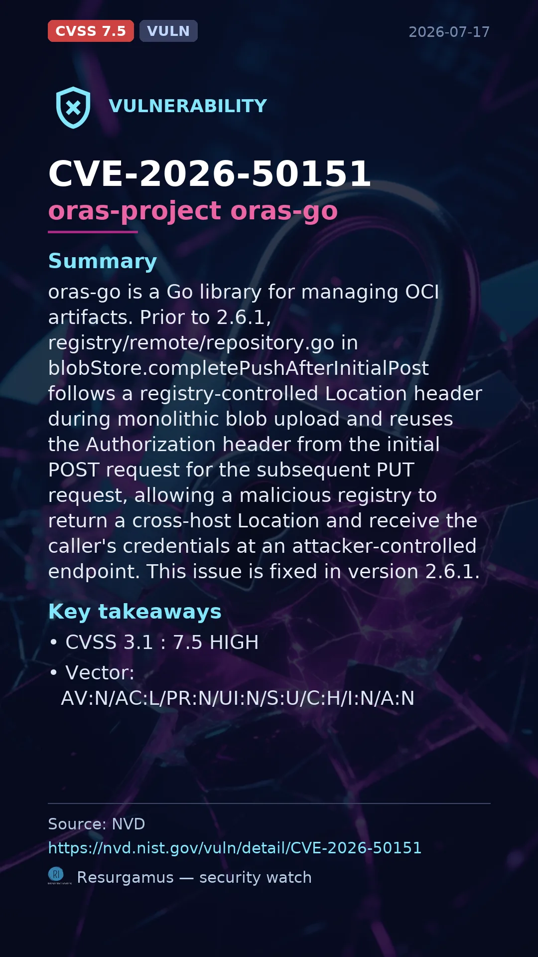 CVE-2026-50151 oras-project oras-go Vulnerability