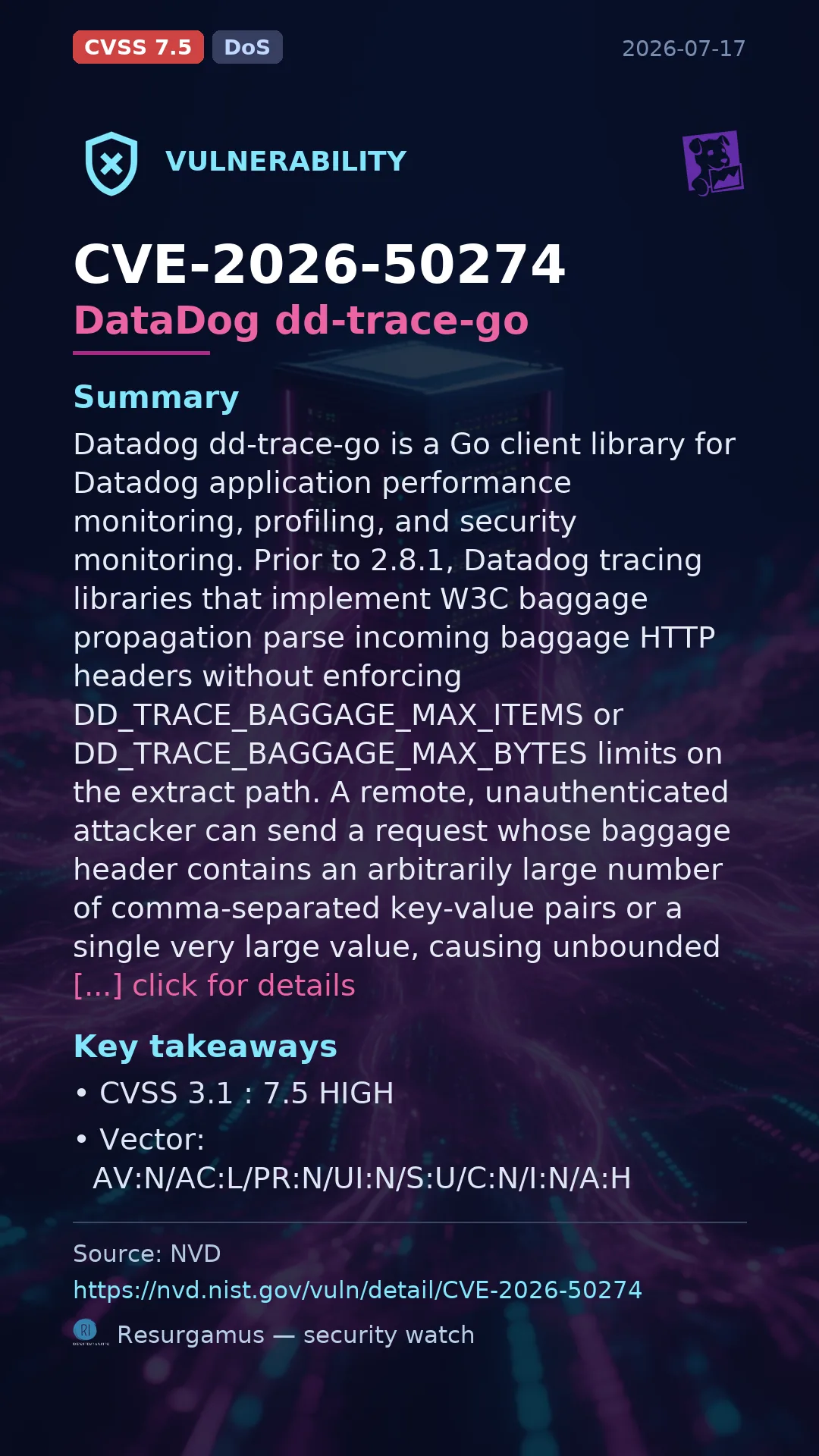 CVE-2026-50274 DataDog dd-trace-go Vulnerability