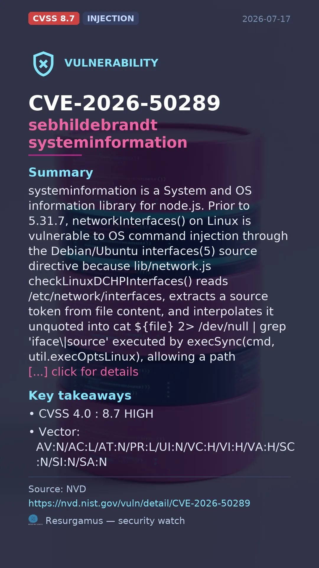 CVE-2026-50289 sebhildebrandt systeminformation Vulnerability