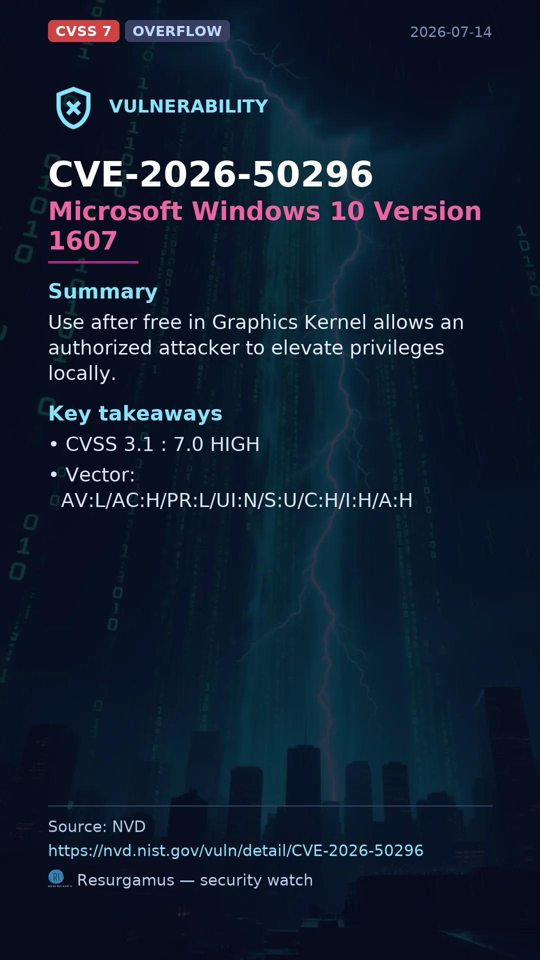 CVE-2026-50296 Microsoft Windows 10 Version 1607 Vulnerability