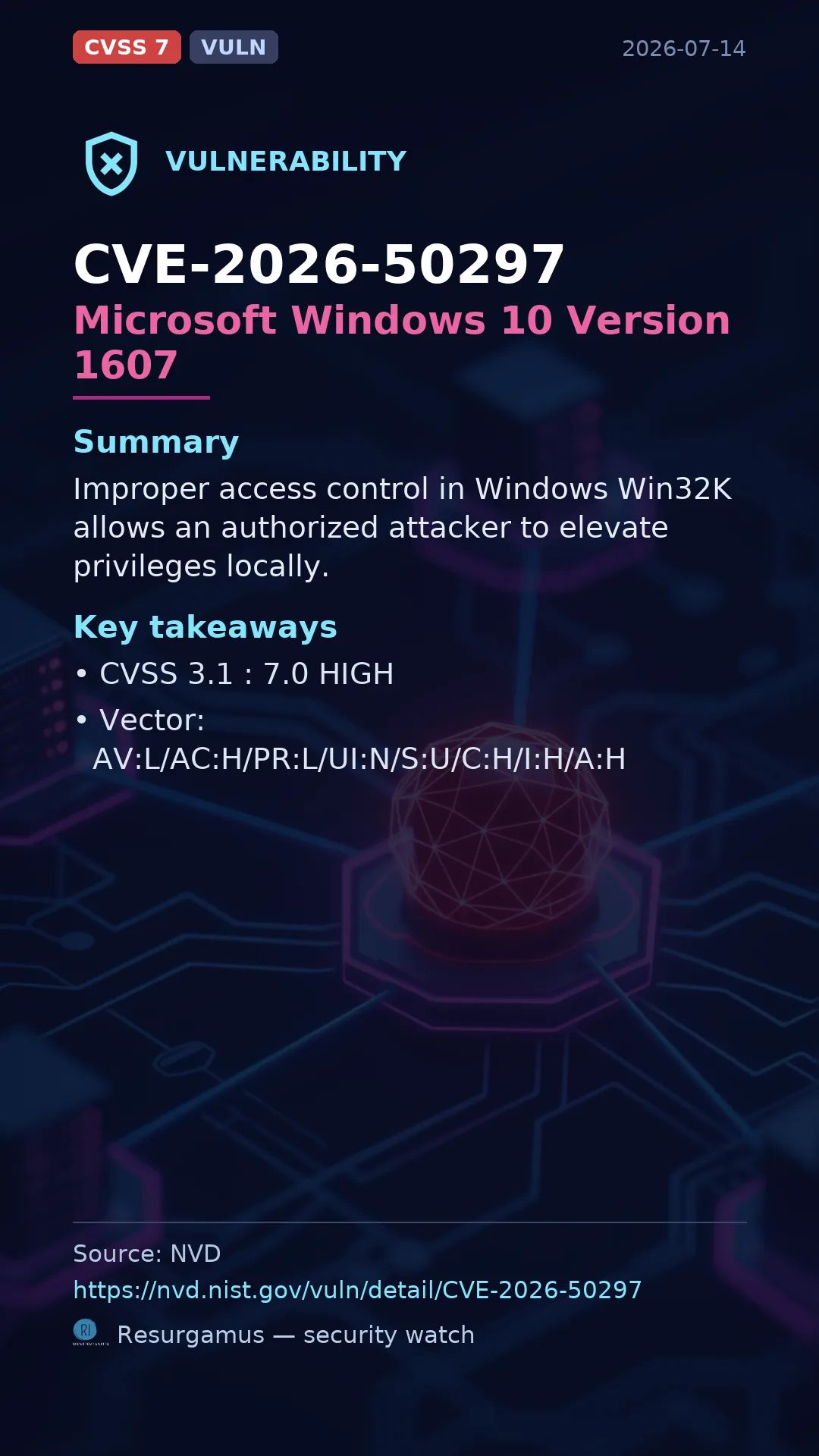 CVE-2026-50297 Microsoft Windows 10 Version 1607 Vulnerability