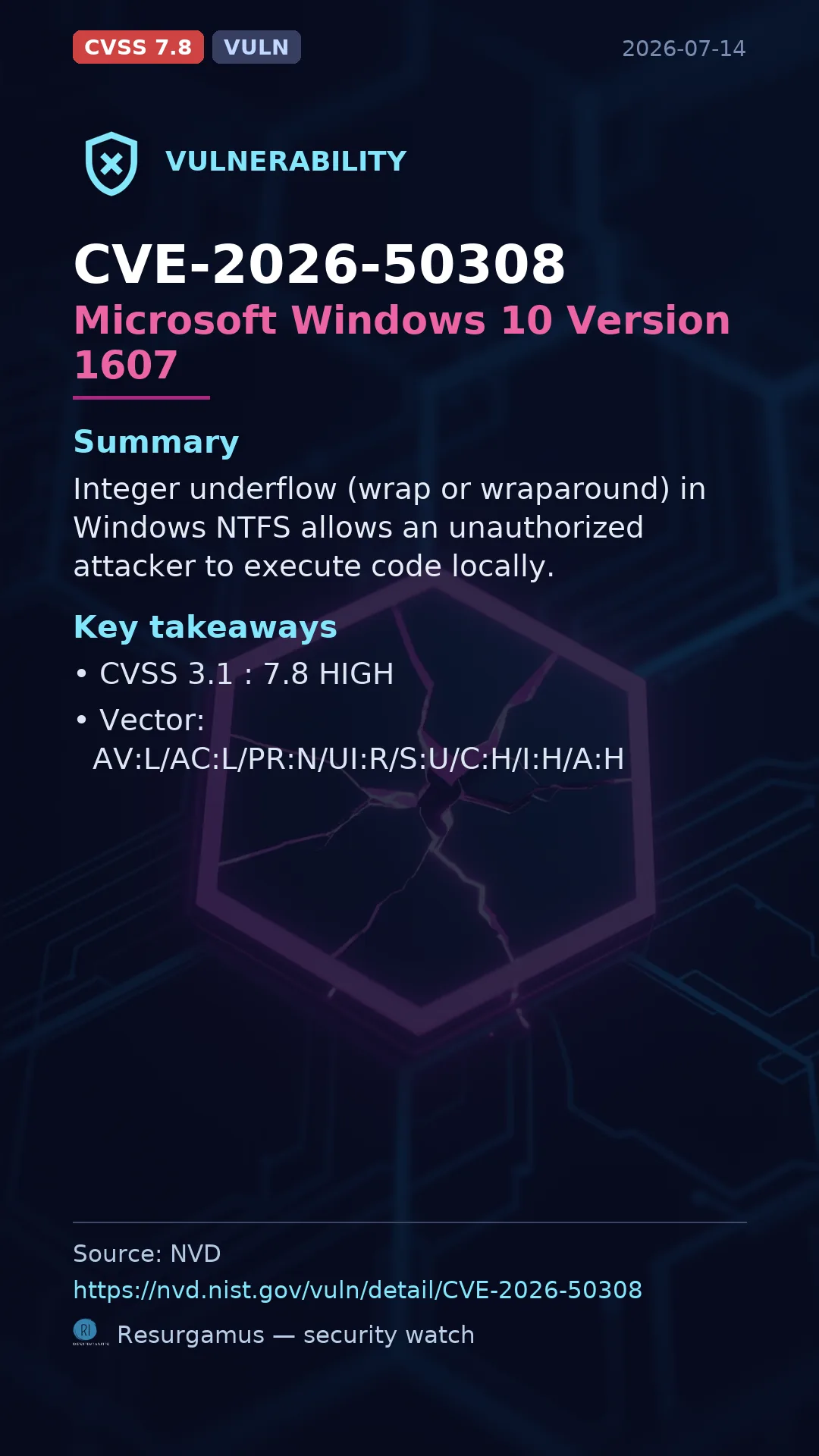 CVE-2026-50308 Microsoft Windows 10 Version 1607 Vulnerability