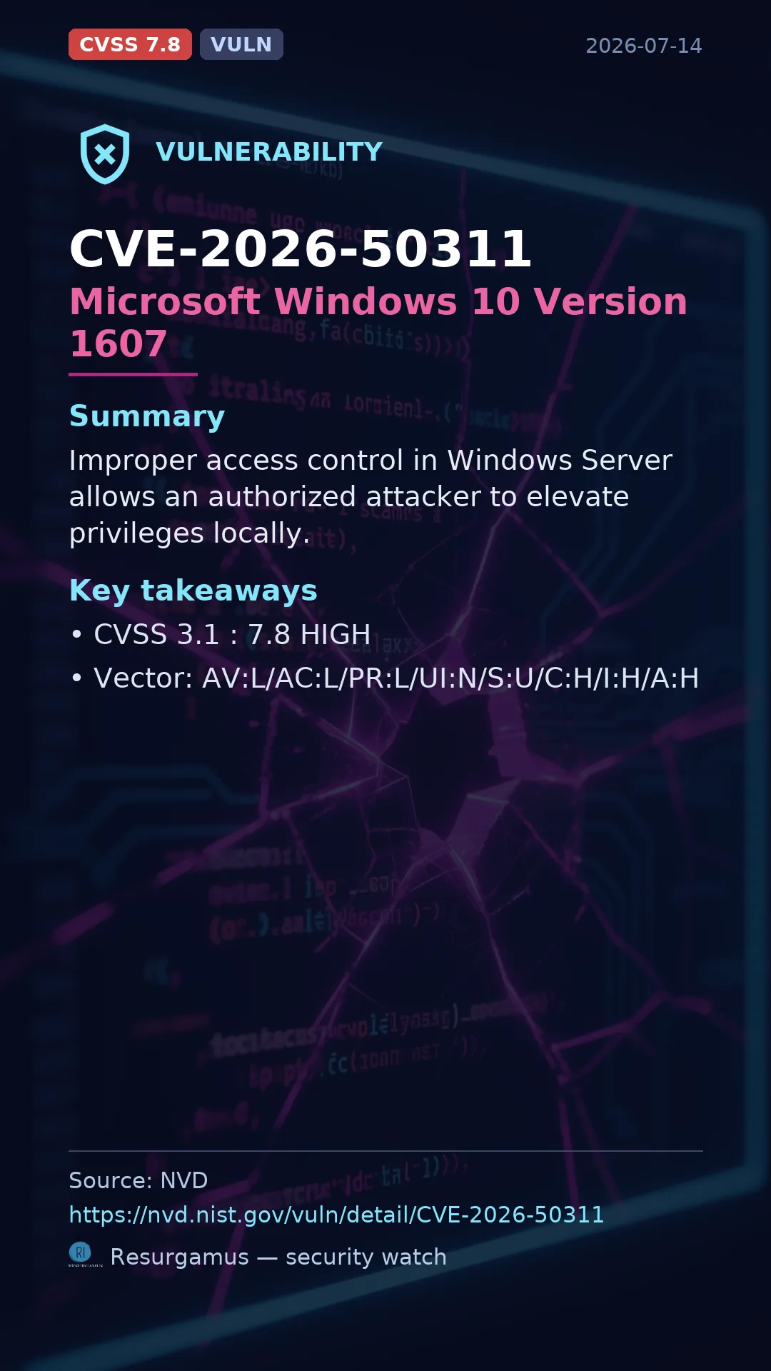 CVE-2026-50311 Microsoft Windows 10 Version 1607 Vulnerability