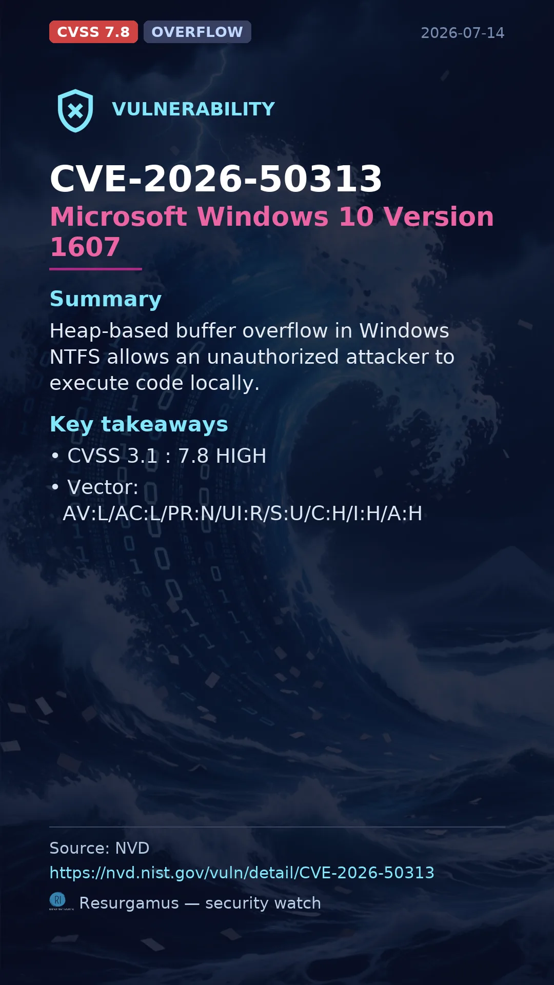 CVE-2026-50313 Microsoft Windows 10 Version 1607 Vulnerability