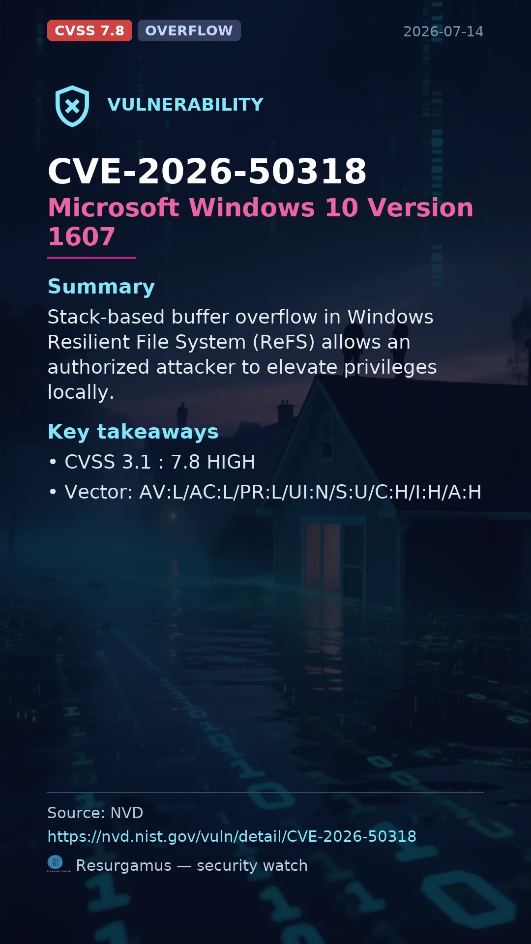 CVE-2026-50318 Microsoft Windows 10 Version 1607 Vulnerability